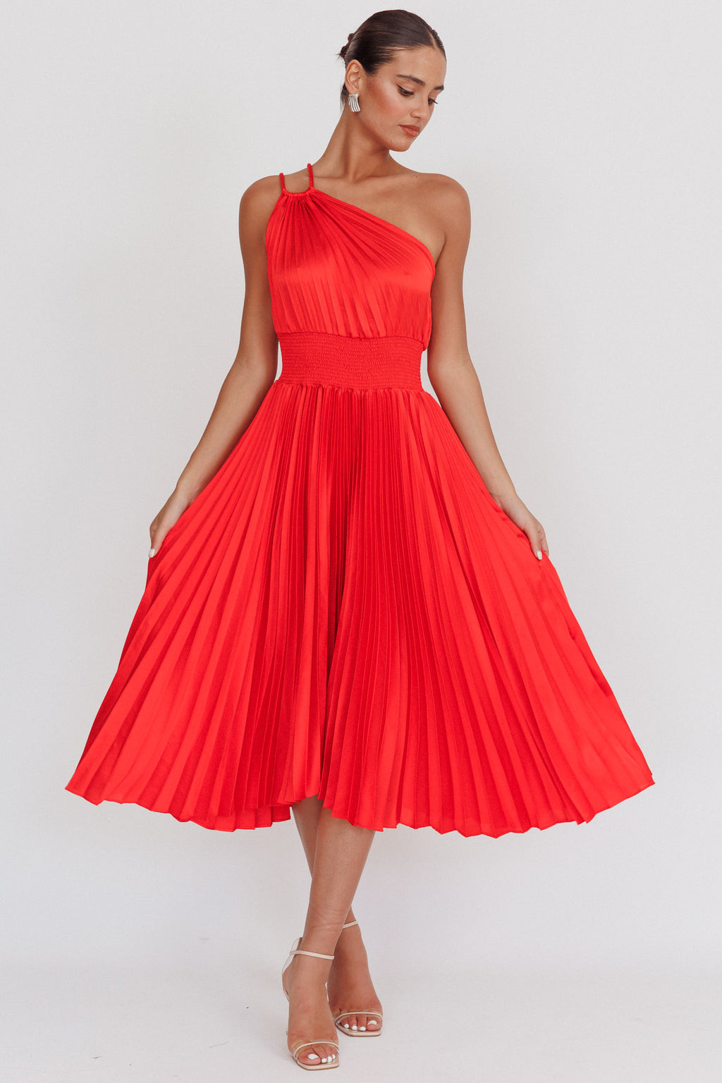 Calissa One Shoulder Pleated Midi Dress Red by Selfie Leslie