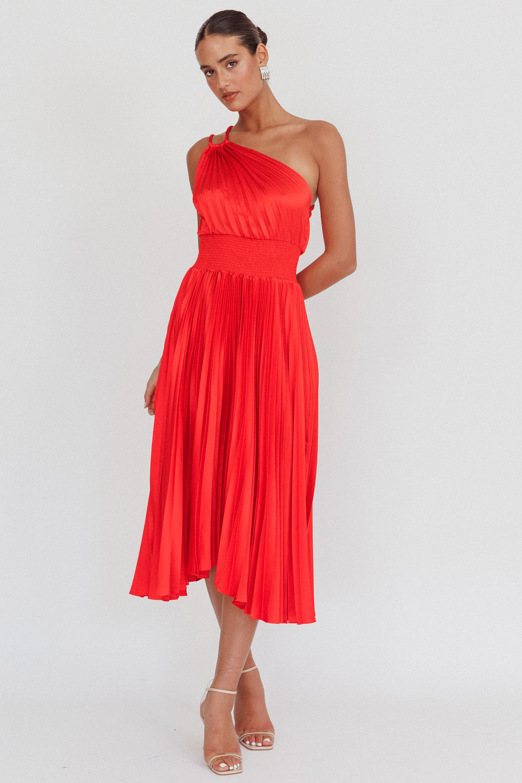 Calissa One Shoulder Pleated Midi Dress Red by Selfie Leslie
