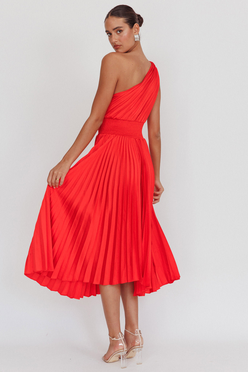 Calissa One Shoulder Pleated Midi Dress Red by Selfie Leslie
