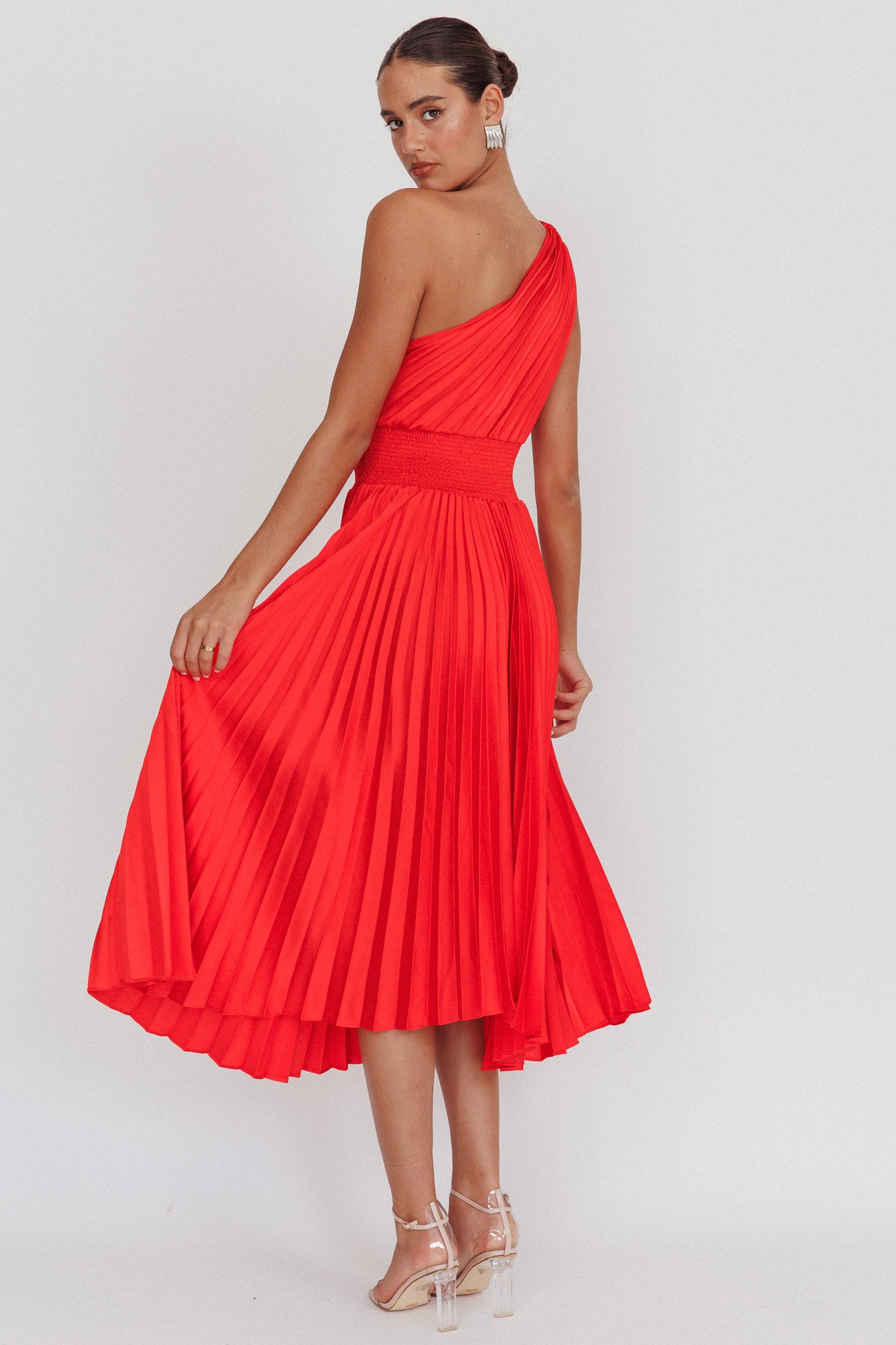 Calissa One Shoulder Pleated Midi Dress Red by Selfie Leslie