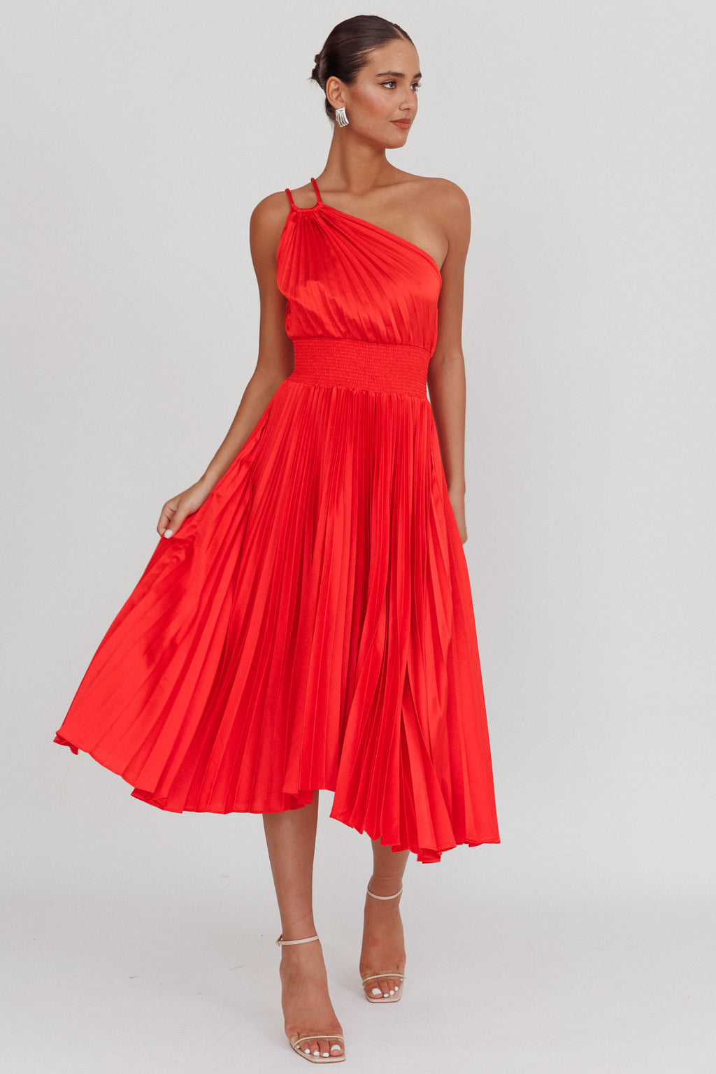 Calissa One Shoulder Pleated Midi Dress Red by Selfie Leslie