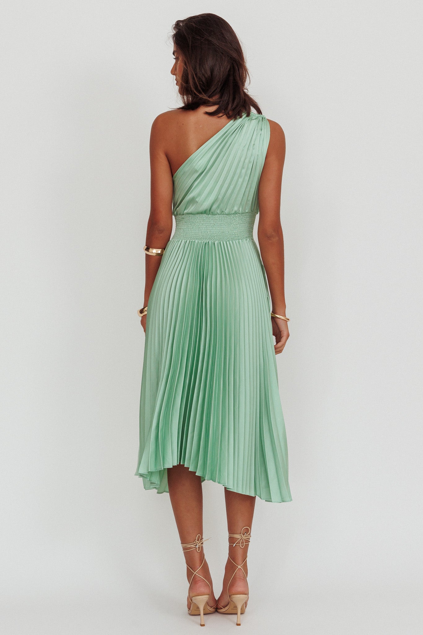 Calissa One Shoulder Pleated Midi Dress Sage Calissa One Shoulder Pleated Midi Dress Sage