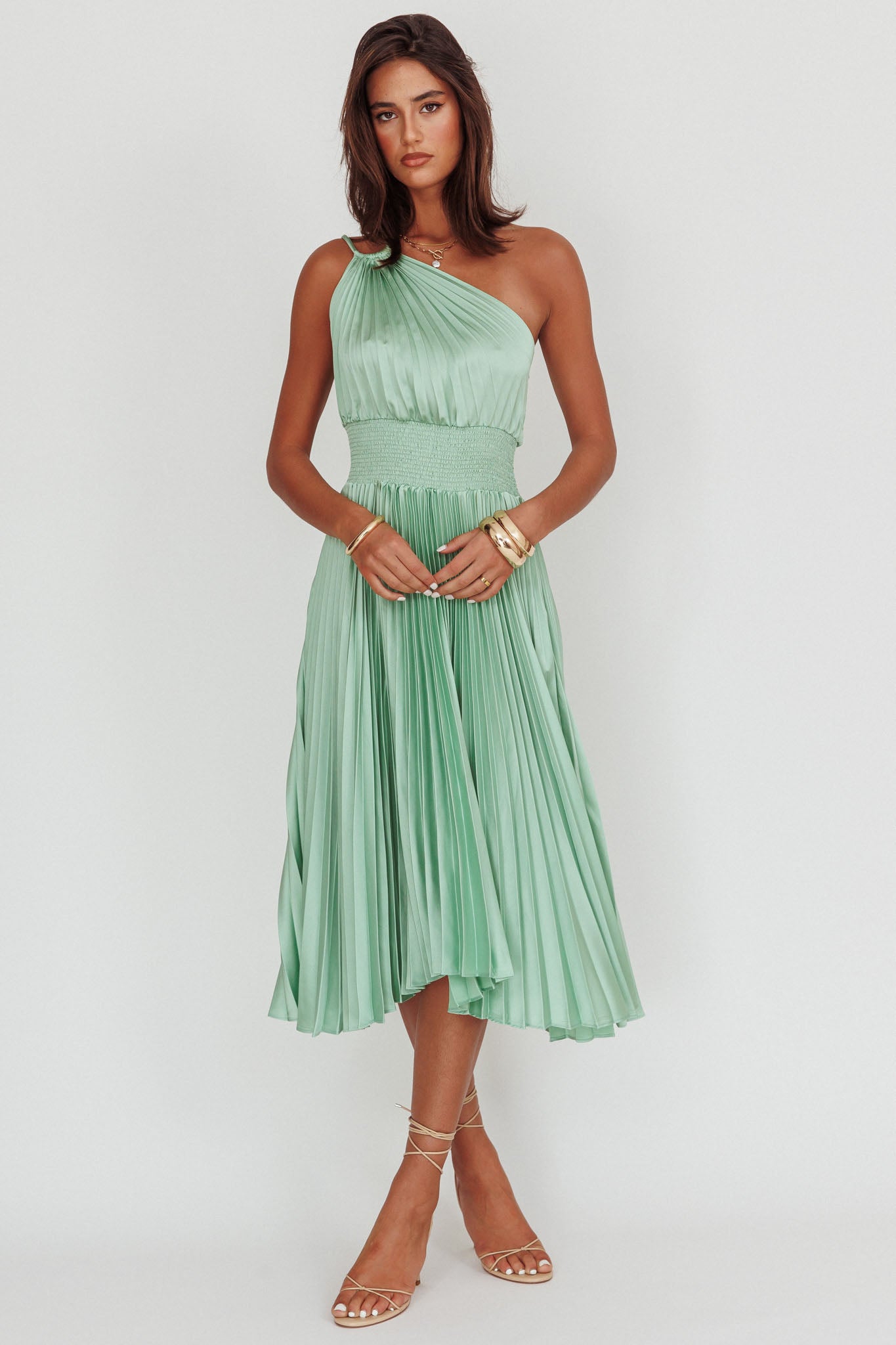 Calissa One Shoulder Pleated Midi Dress Sage by Selfie Leslie