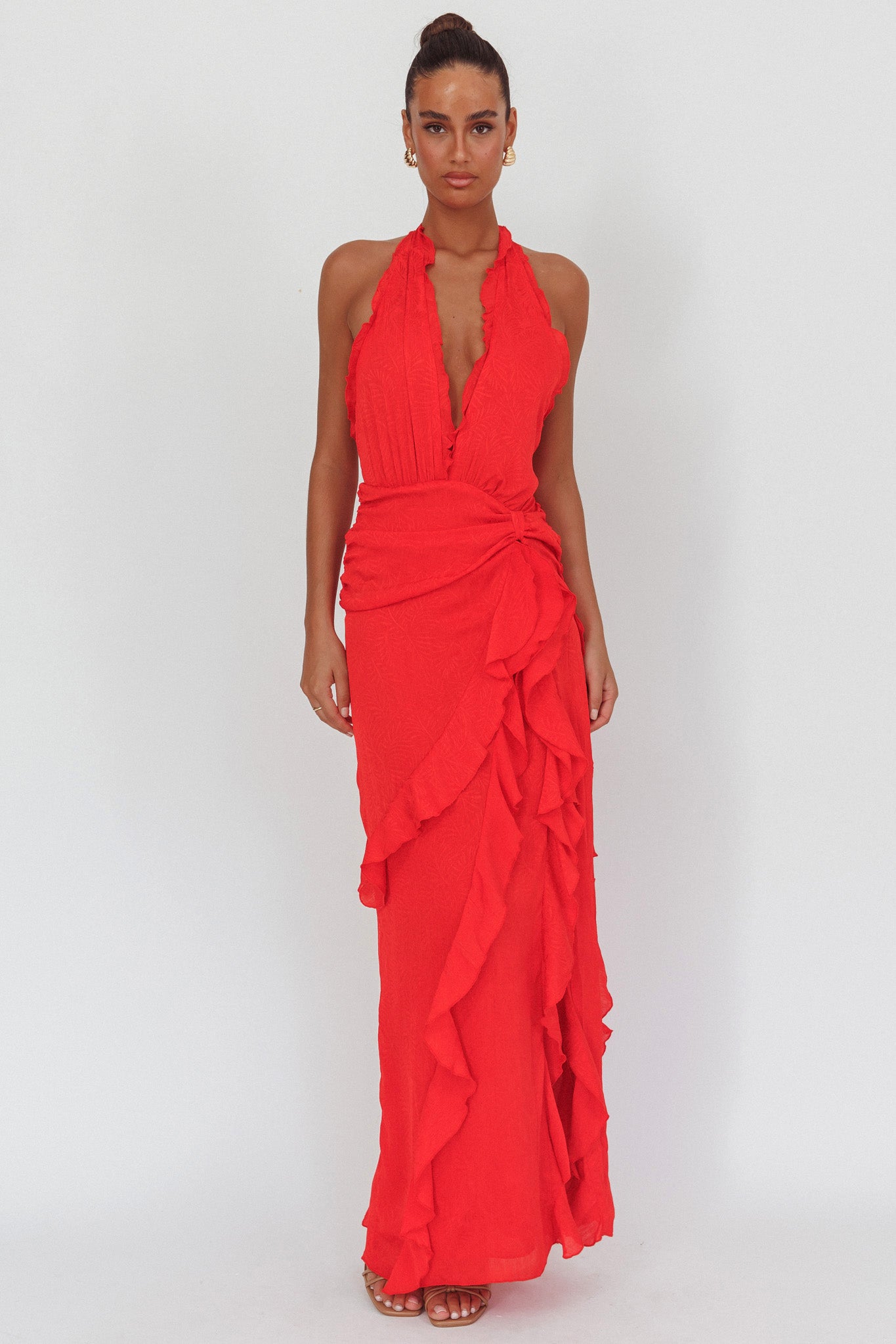 Libre Plunging Halter Ruffle Maxi Dress Red by Selfie Leslie