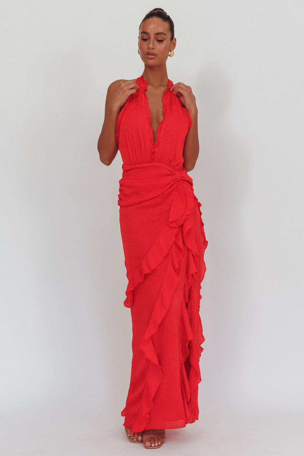 Libre Plunging Halter Ruffle Maxi Dress Red by Selfie Leslie