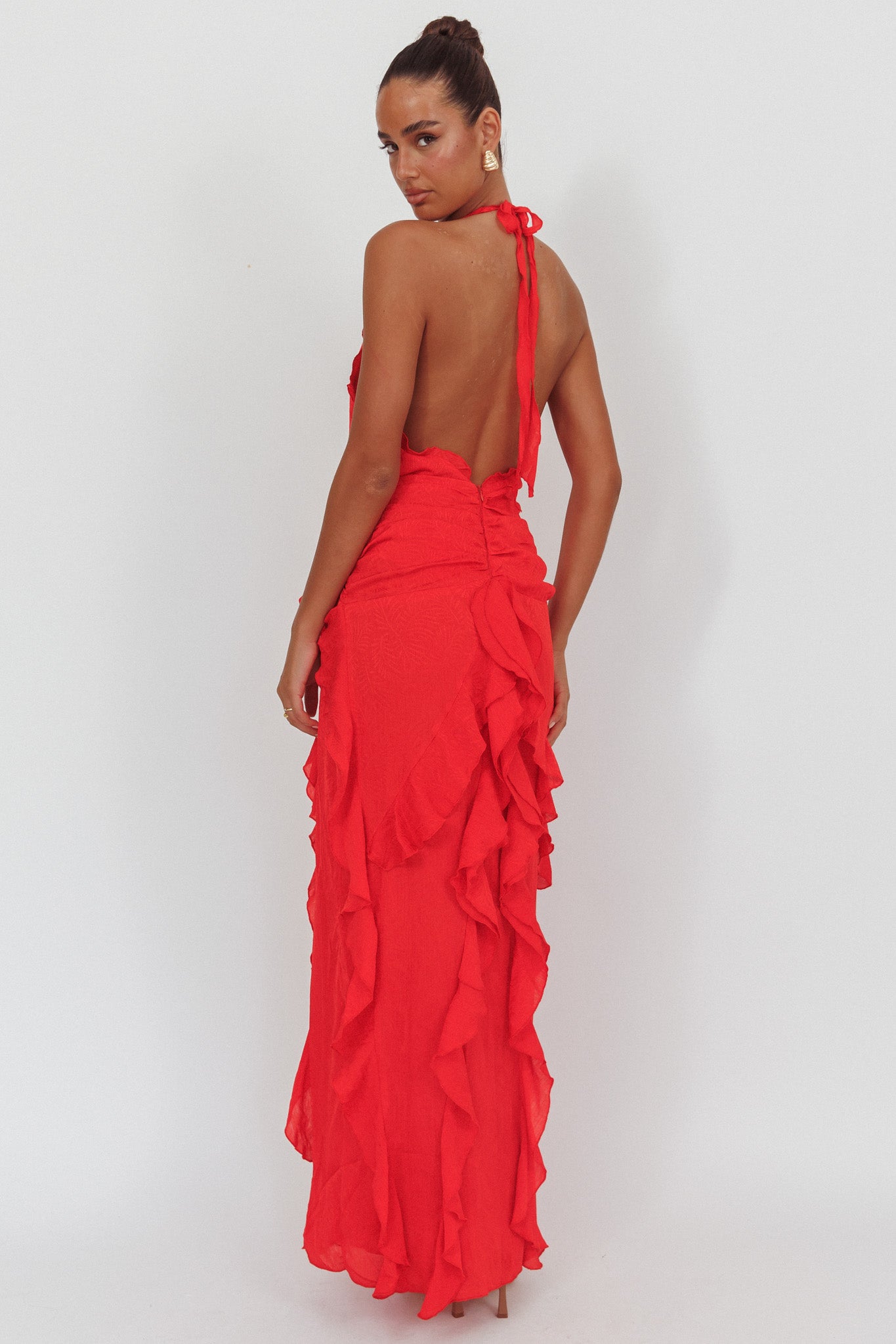 Libre Plunging Halter Ruffle Maxi Dress Red by Selfie Leslie
