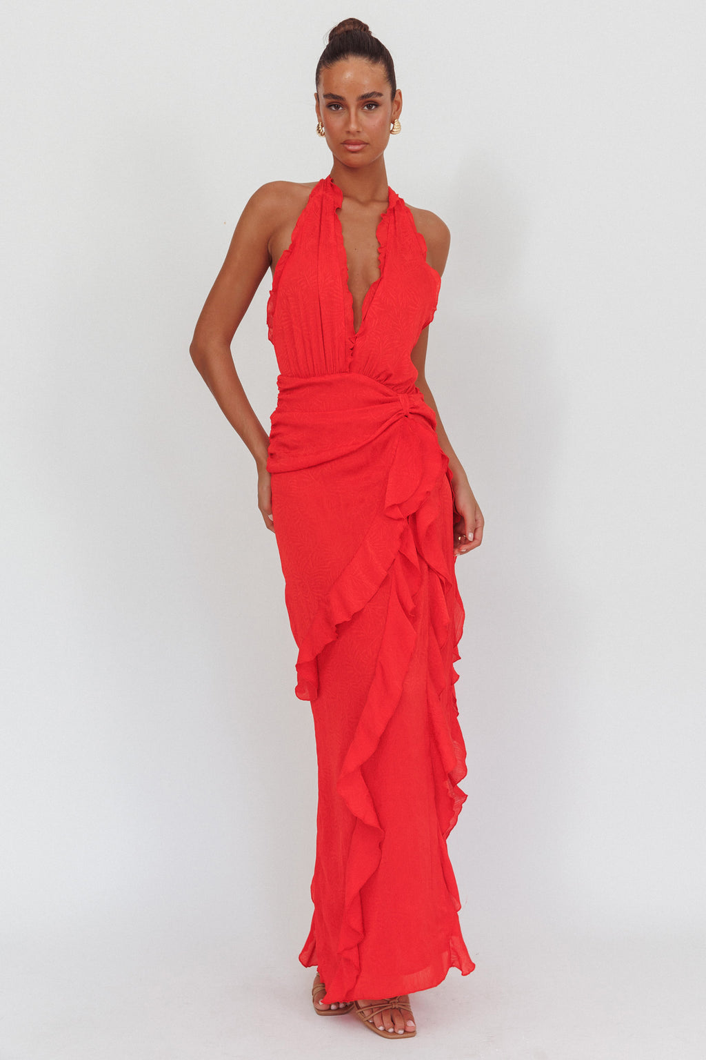 Libre Plunging Halter Ruffle Maxi Dress Red by Selfie Leslie