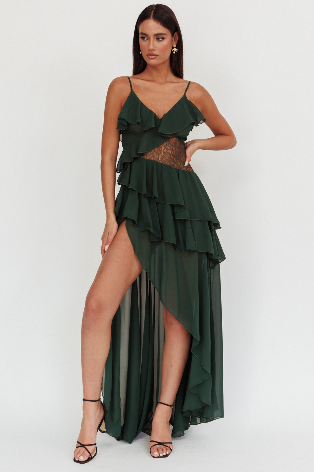 Amaretto Lace Waist Ruffle Maxi Dress Hunter Green Amaretto Lace Waist Ruffle Maxi Dress Hunter Green