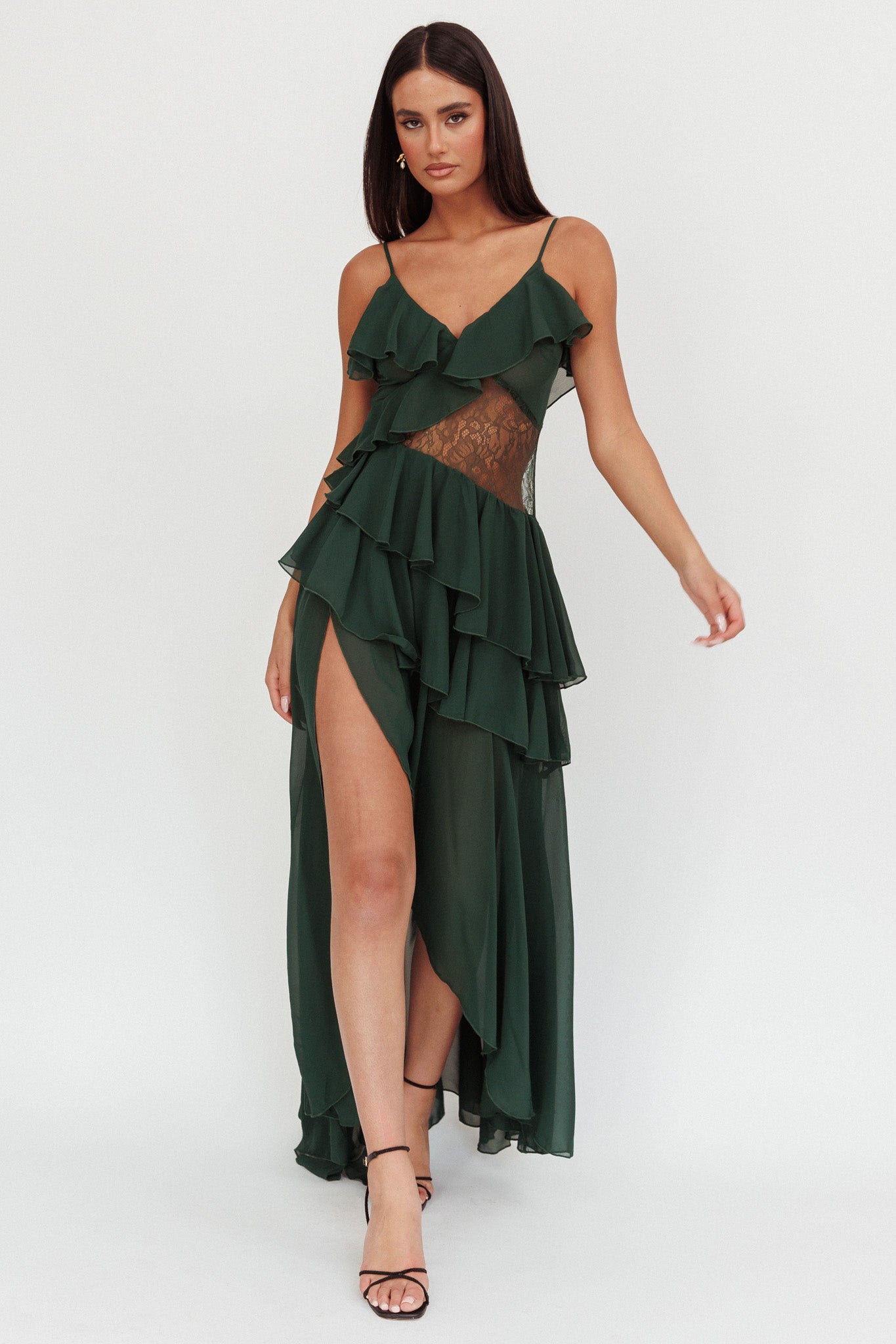 Amaretto Lace Waist Ruffle Maxi Dress Hunter Green - M Amaretto Lace Waist Ruffle Maxi Dress Hunter Green - M