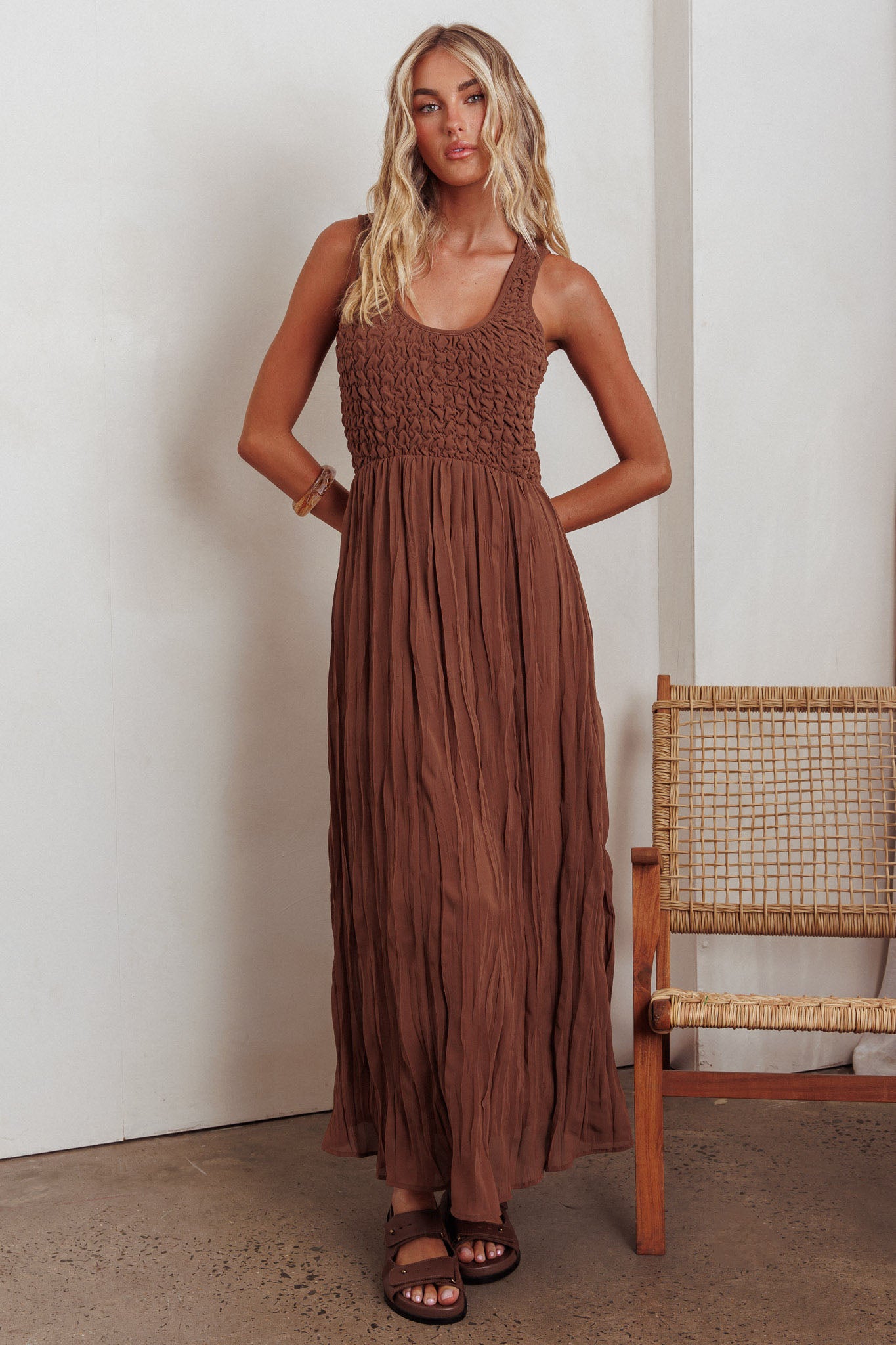 Mirella Smocked Bodice Maxi Dress Mocha by Selfie Leslie
