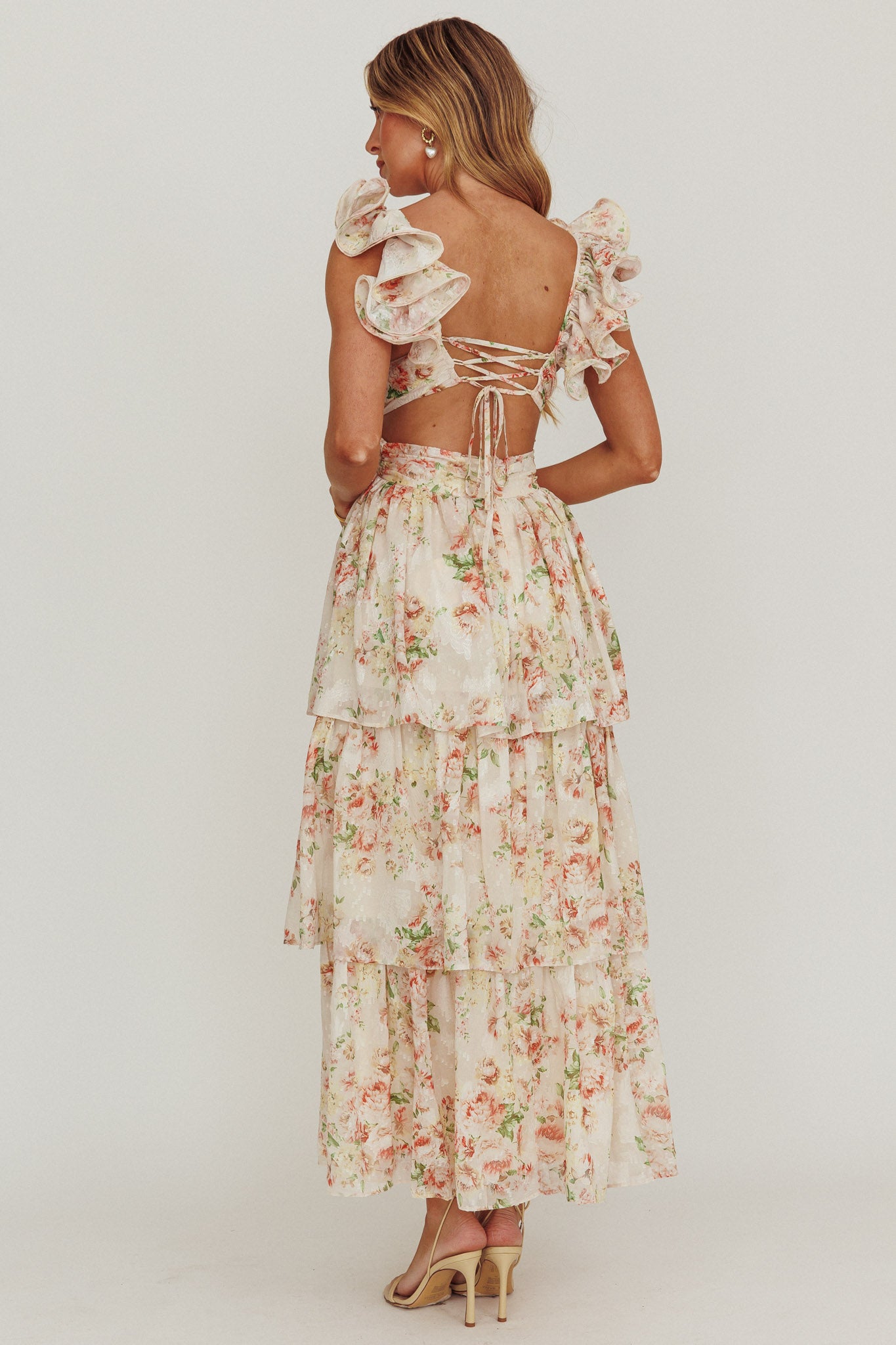 Roselle Backless Ruffle Maxi Dress Floral Multi by Selfie Leslie