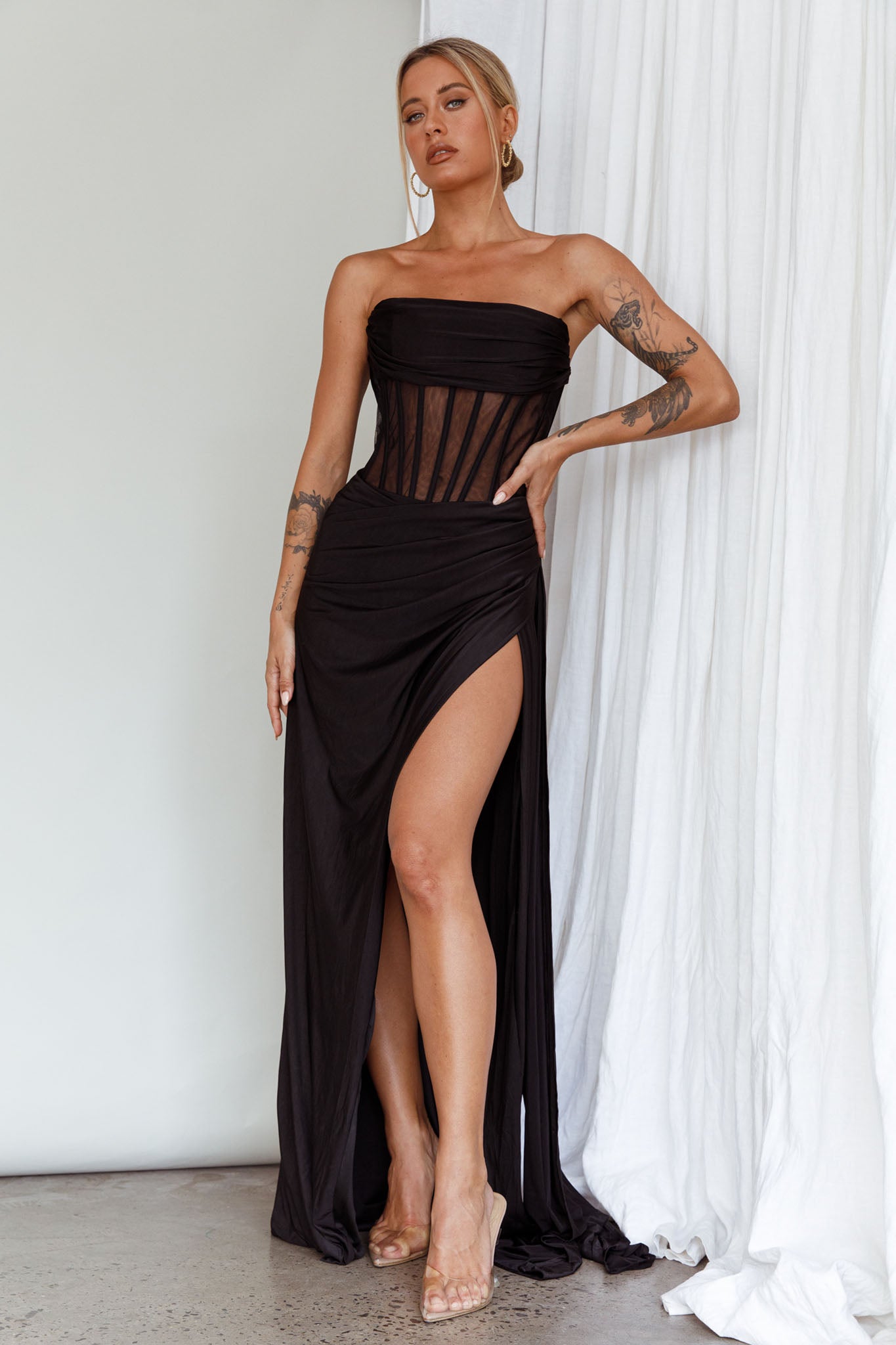 Aysha Strapless Split Maxi Dress Black by Selfie Leslie