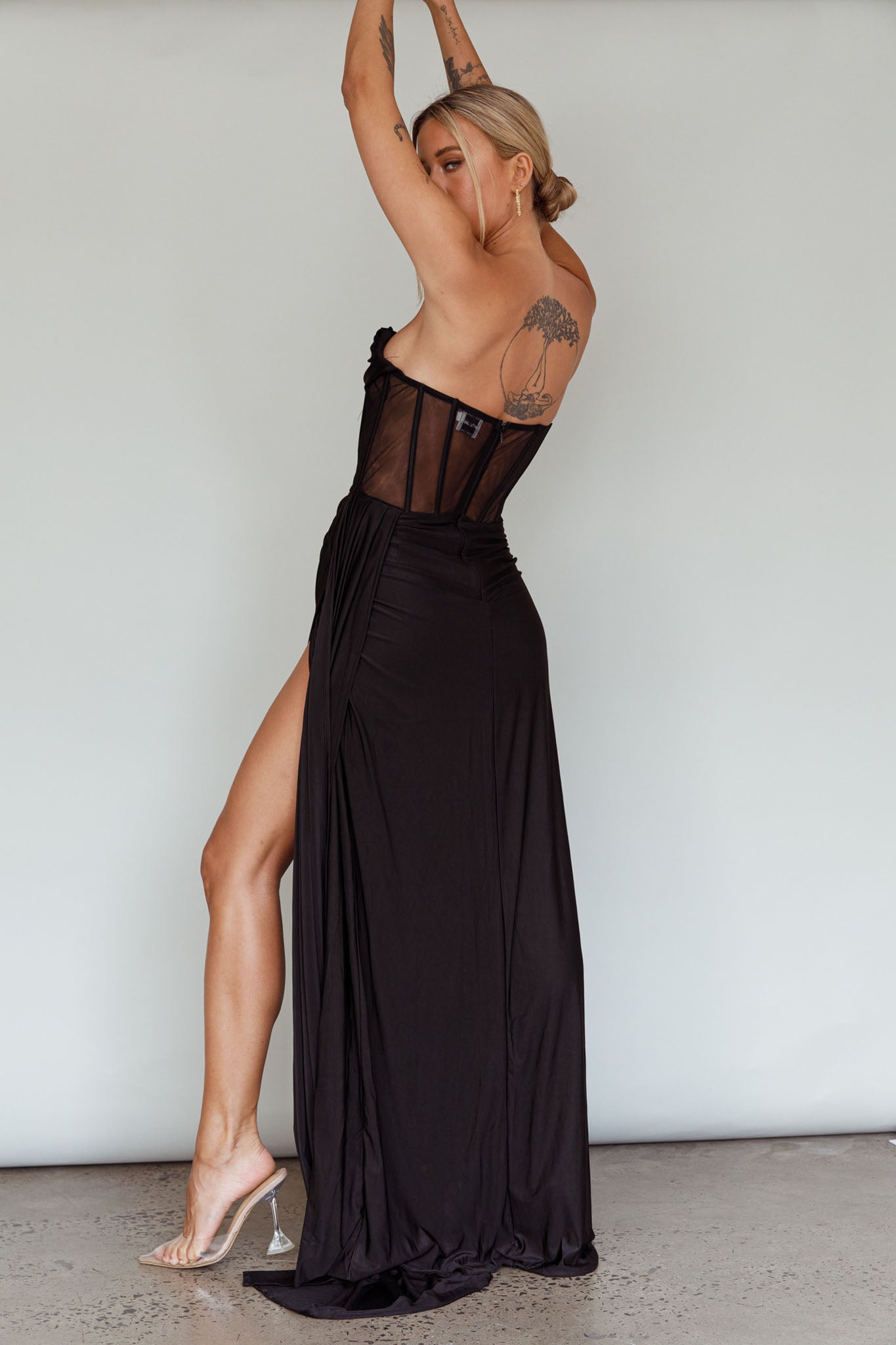 Aysha Strapless Split Maxi Dress Black by Selfie Leslie