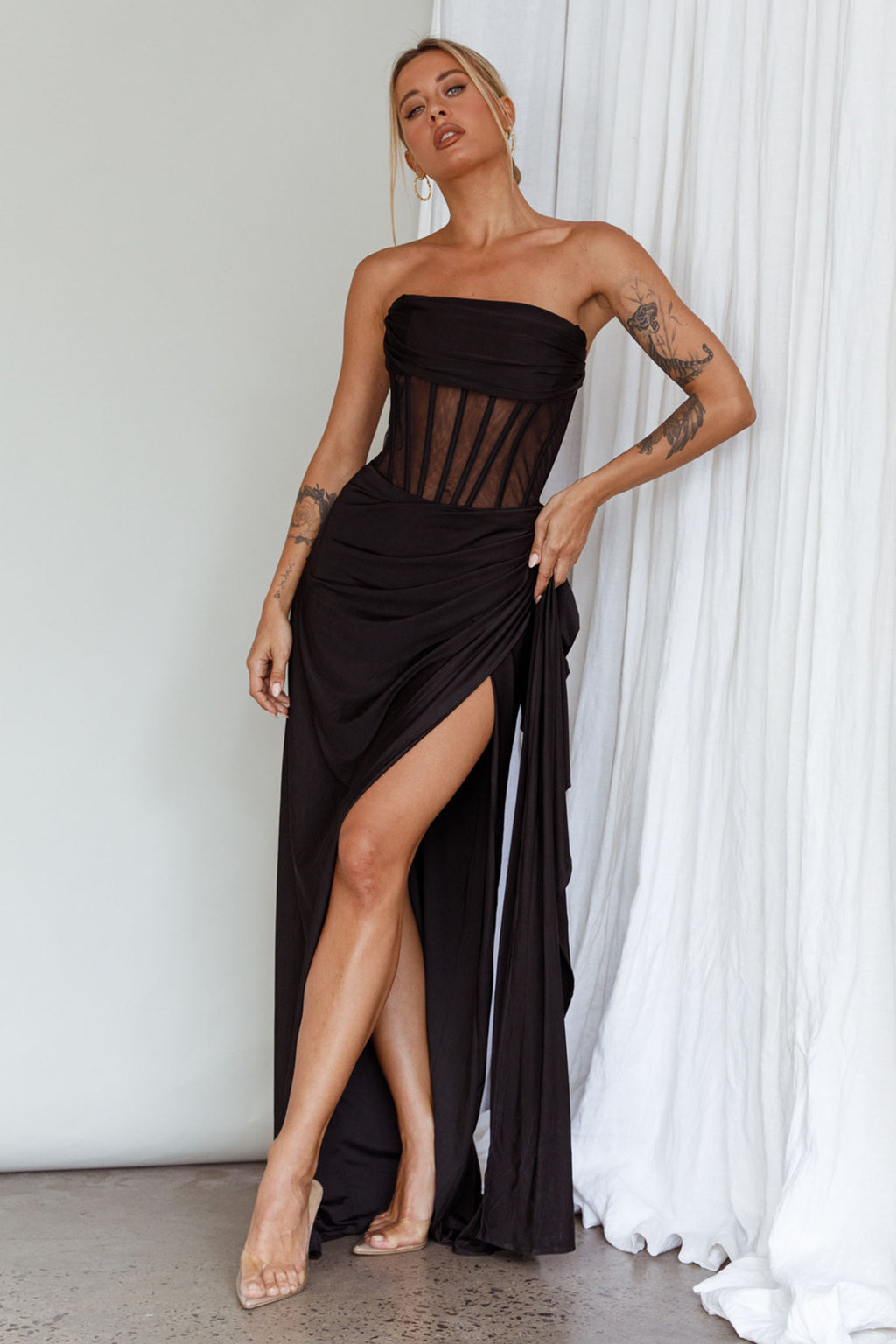Aysha Strapless Split Maxi Dress Black by Selfie Leslie