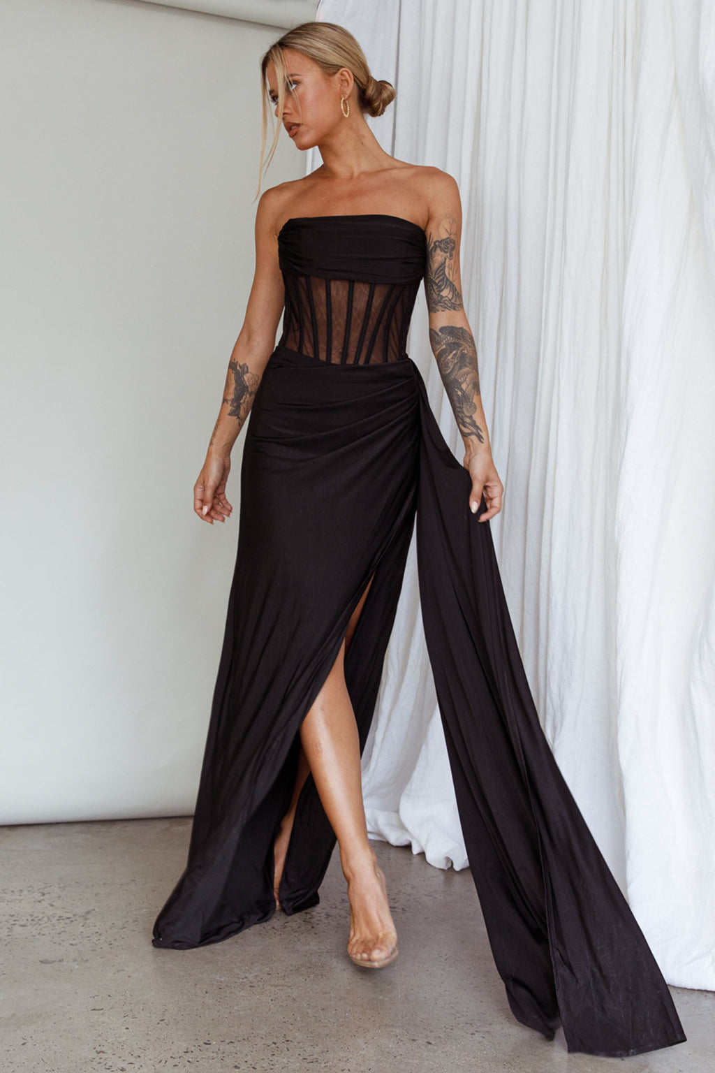 Aysha Strapless Split Maxi Dress Black by Selfie Leslie