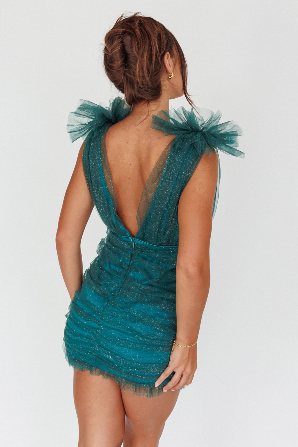 Ludivine Shoulder Accent Mesh Mini Dress Glitter Green by Selfie Leslie