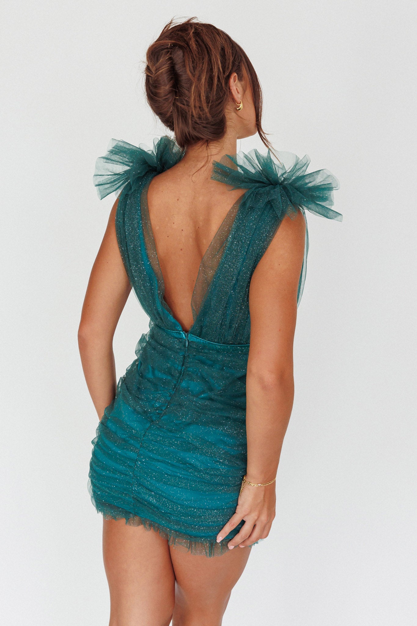 Ludivine Shoulder Accent Mesh Mini Dress Glitter Green by Selfie Leslie