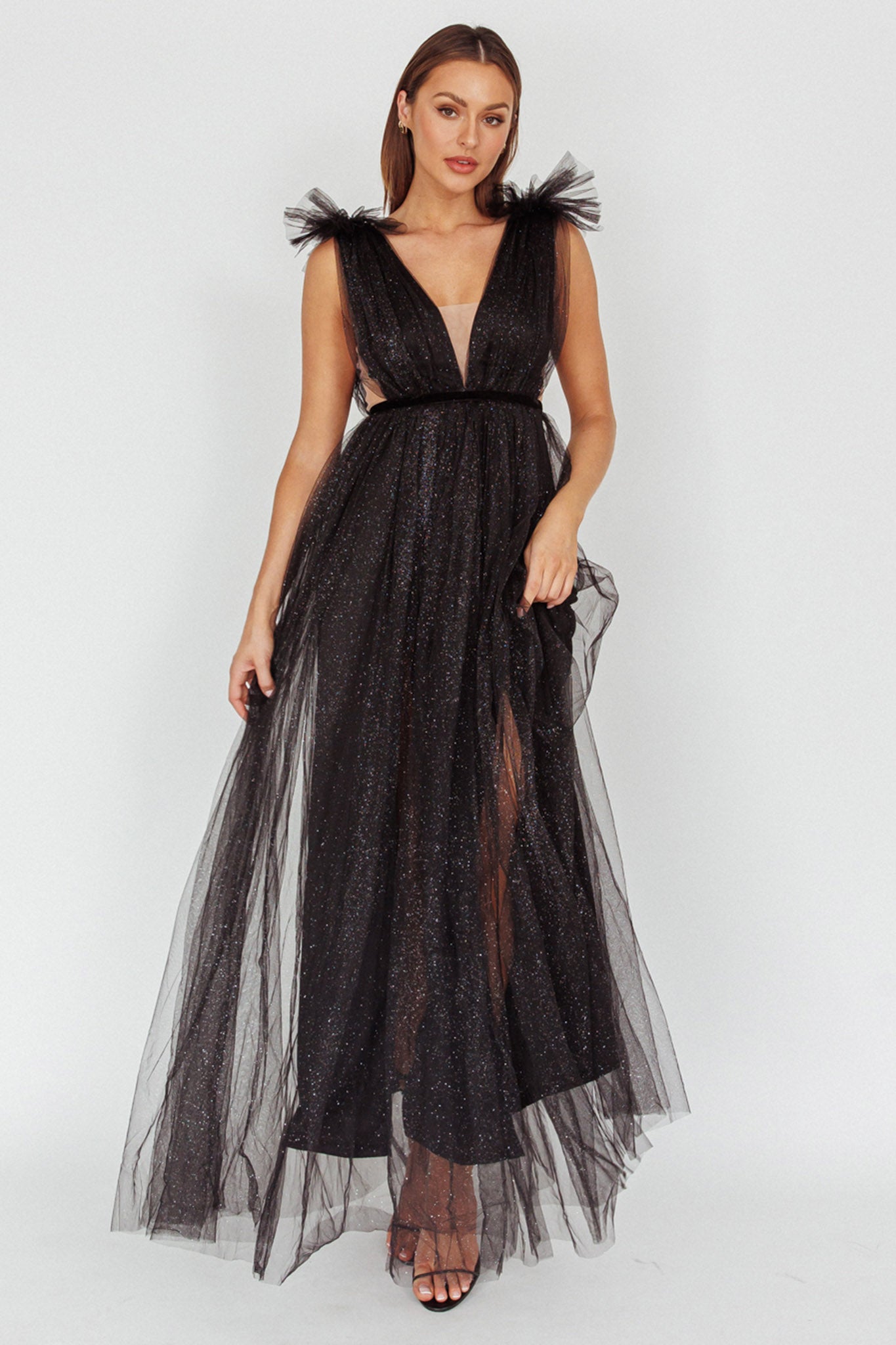 Ludivine Shoulder Accent Mesh Midi Dress Glitter Black by Selfie Leslie