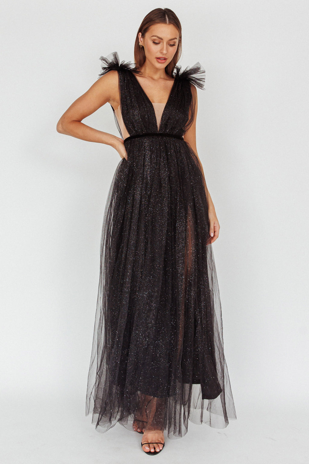 Ludivine Shoulder Accent Mesh Midi Dress Glitter Black by Selfie Leslie