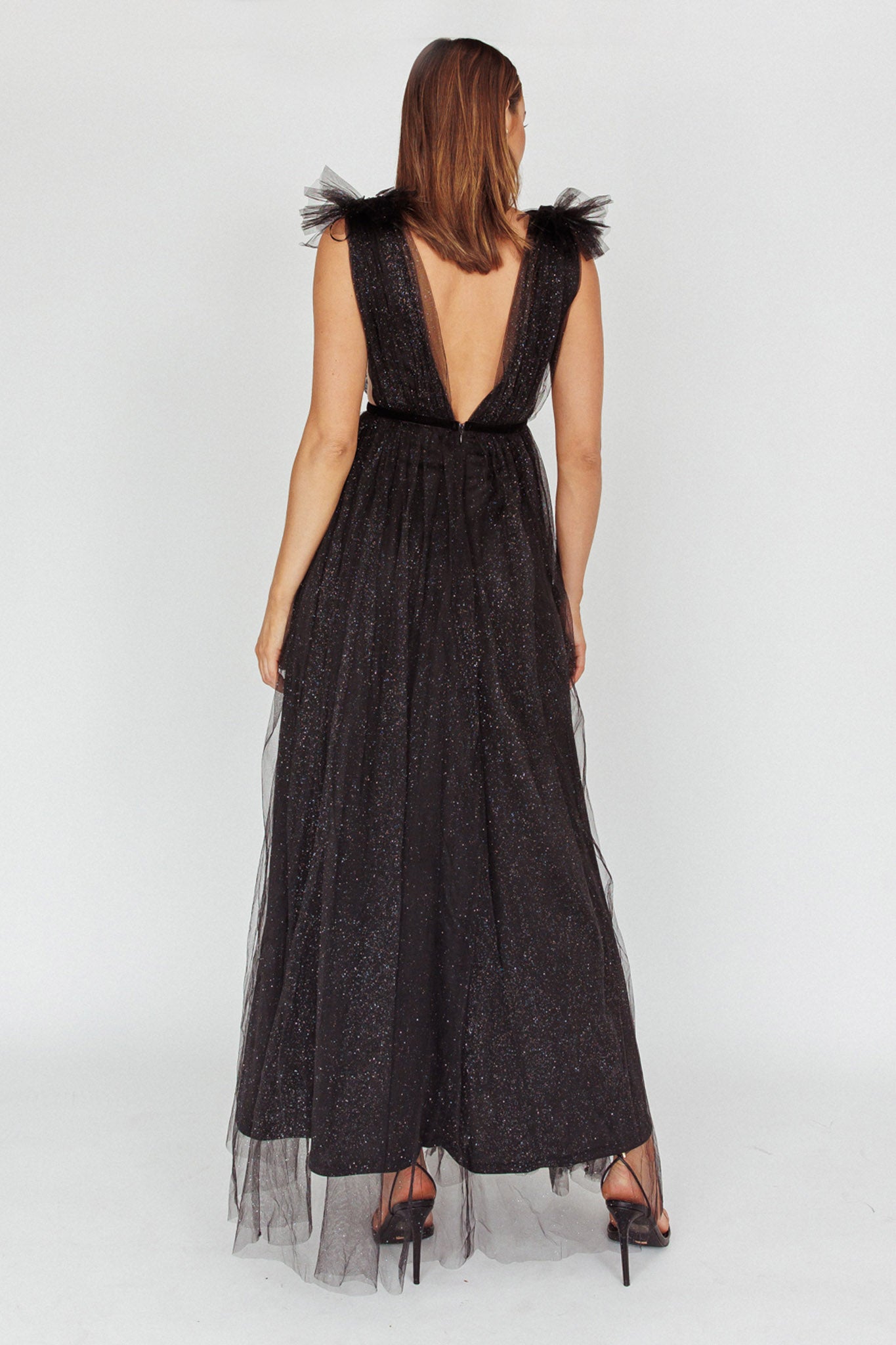 Ludivine Shoulder Accent Mesh Midi Dress Glitter Black by Selfie Leslie