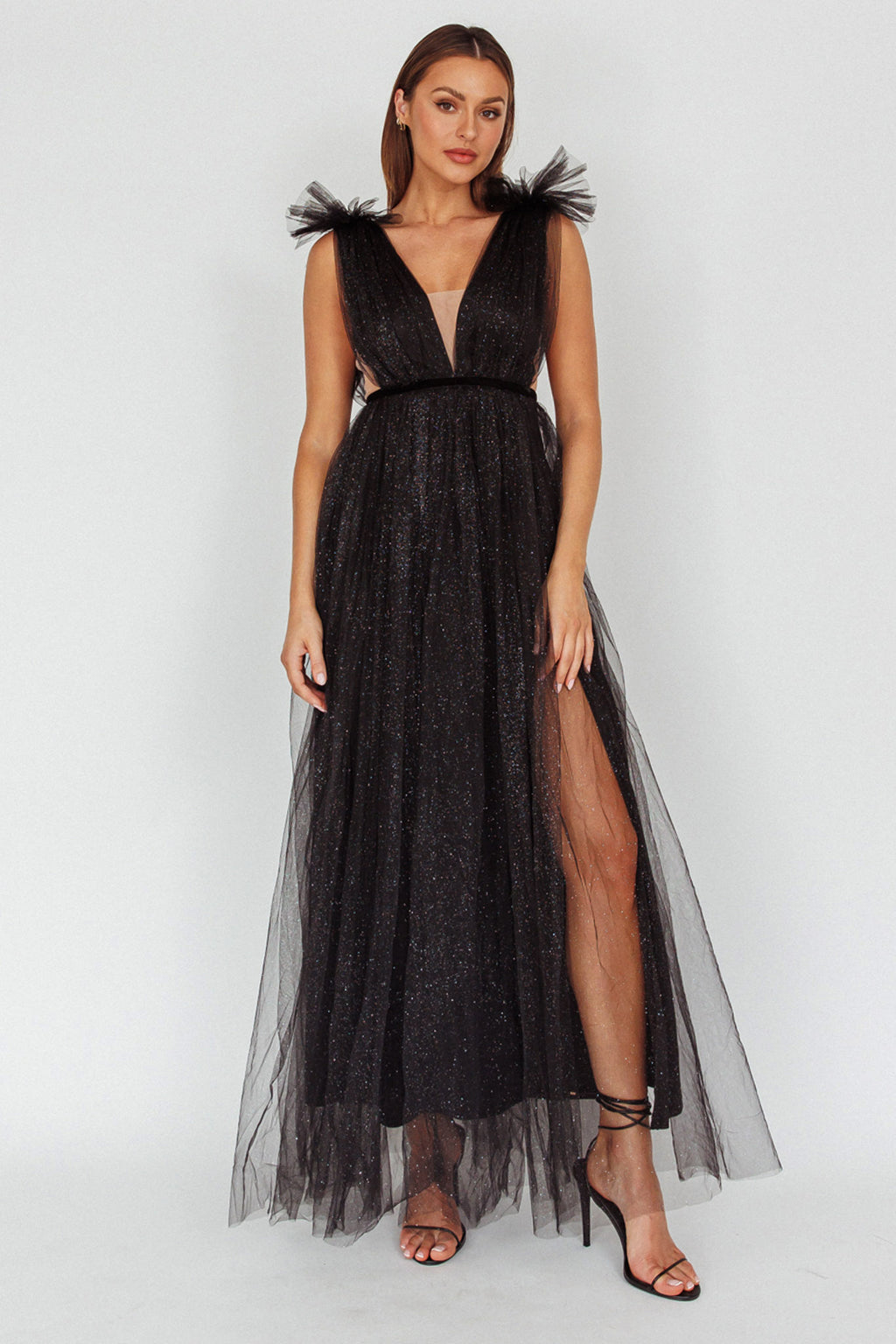 Ludivine Shoulder Accent Mesh Midi Dress Glitter Black by Selfie Leslie