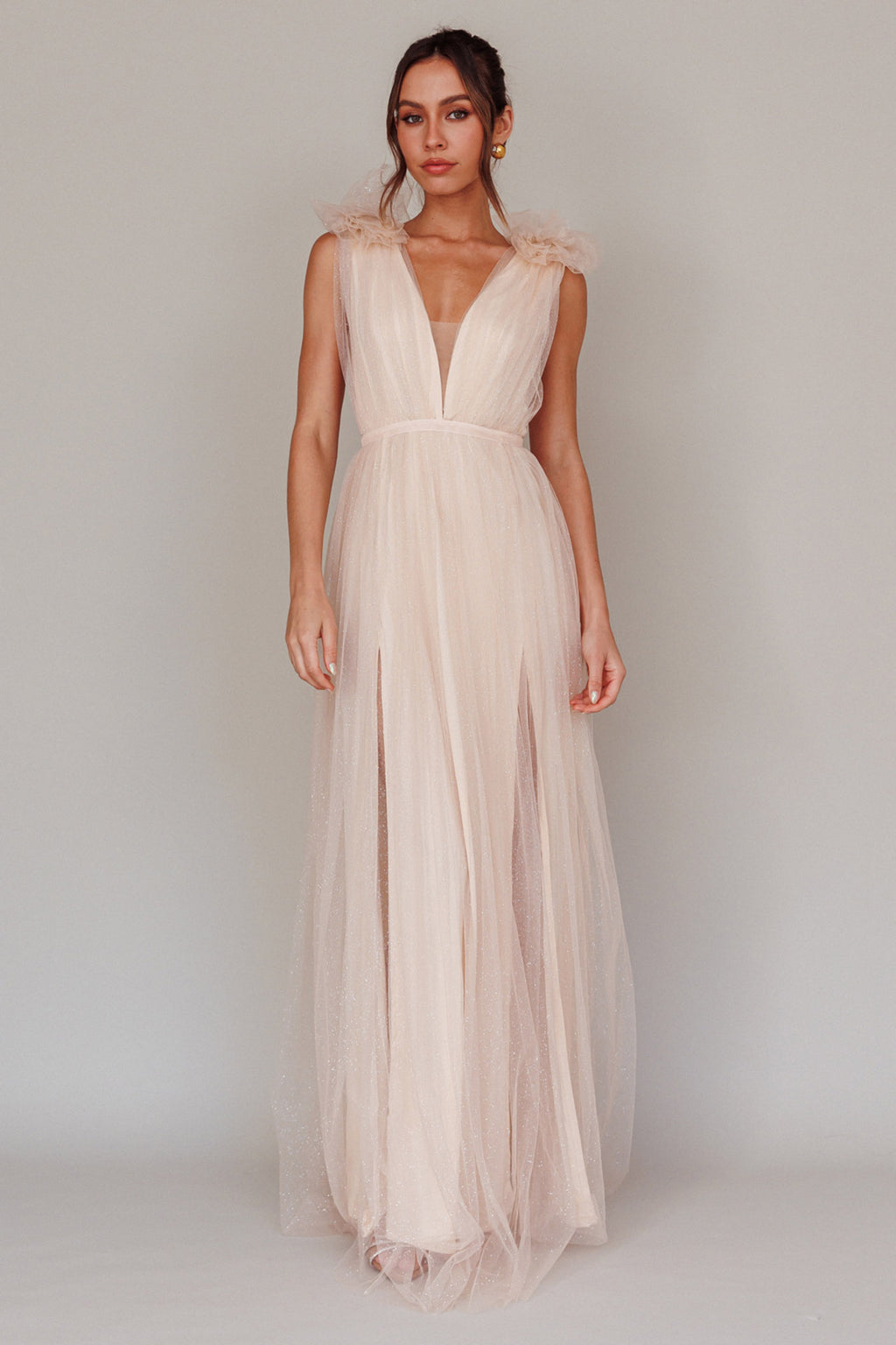 Ludivine Shoulder Accent Mesh Midi Dress Glitter Champagne by Selfie Leslie