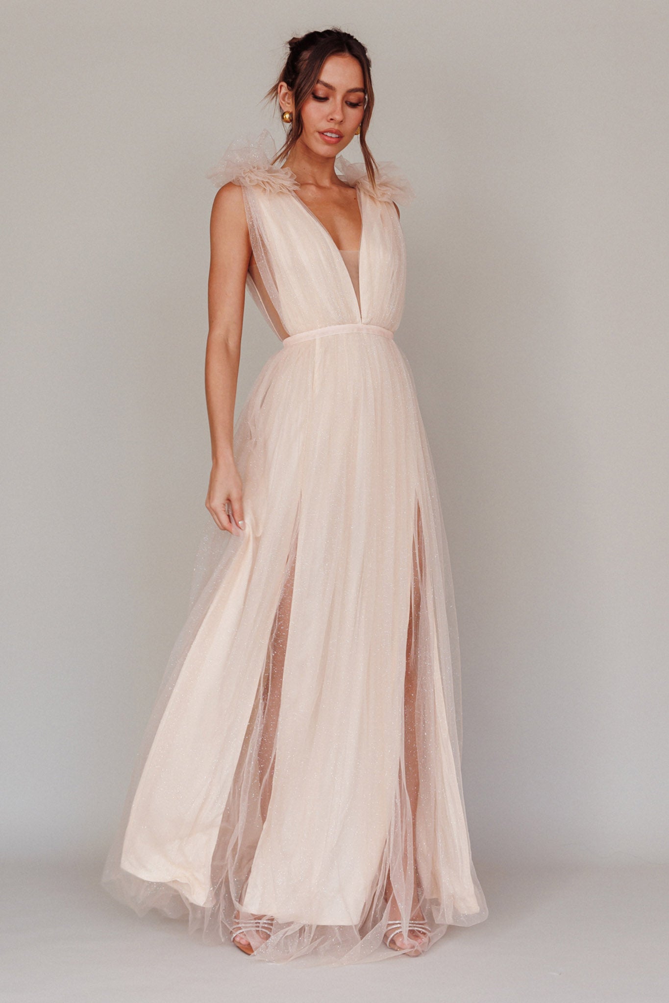 Ludivine Shoulder Accent Mesh Midi Dress Glitter Champagne– Selfie Leslie