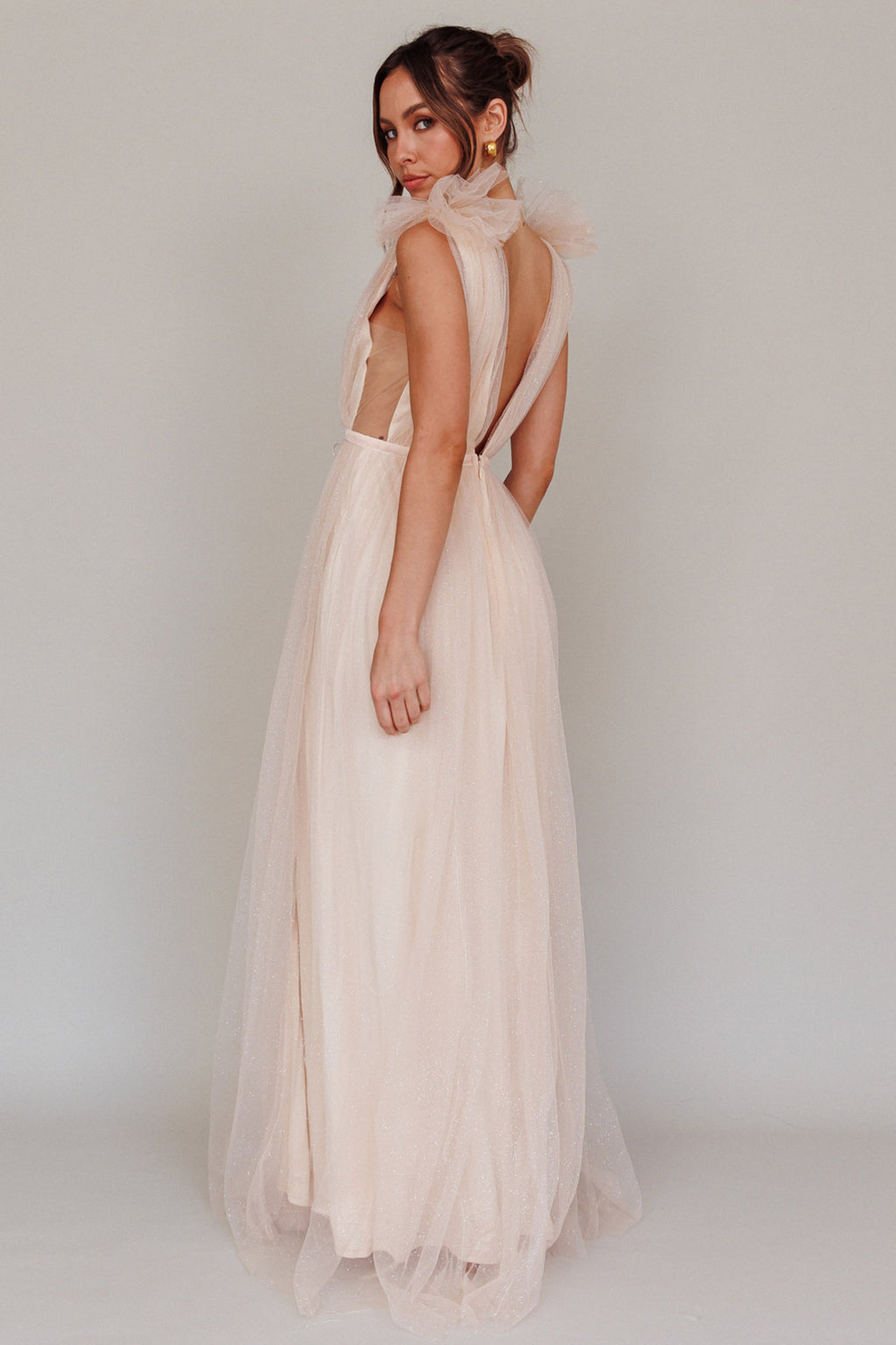 Ludivine Shoulder Accent Mesh Midi Dress Glitter Champagne by Selfie Leslie