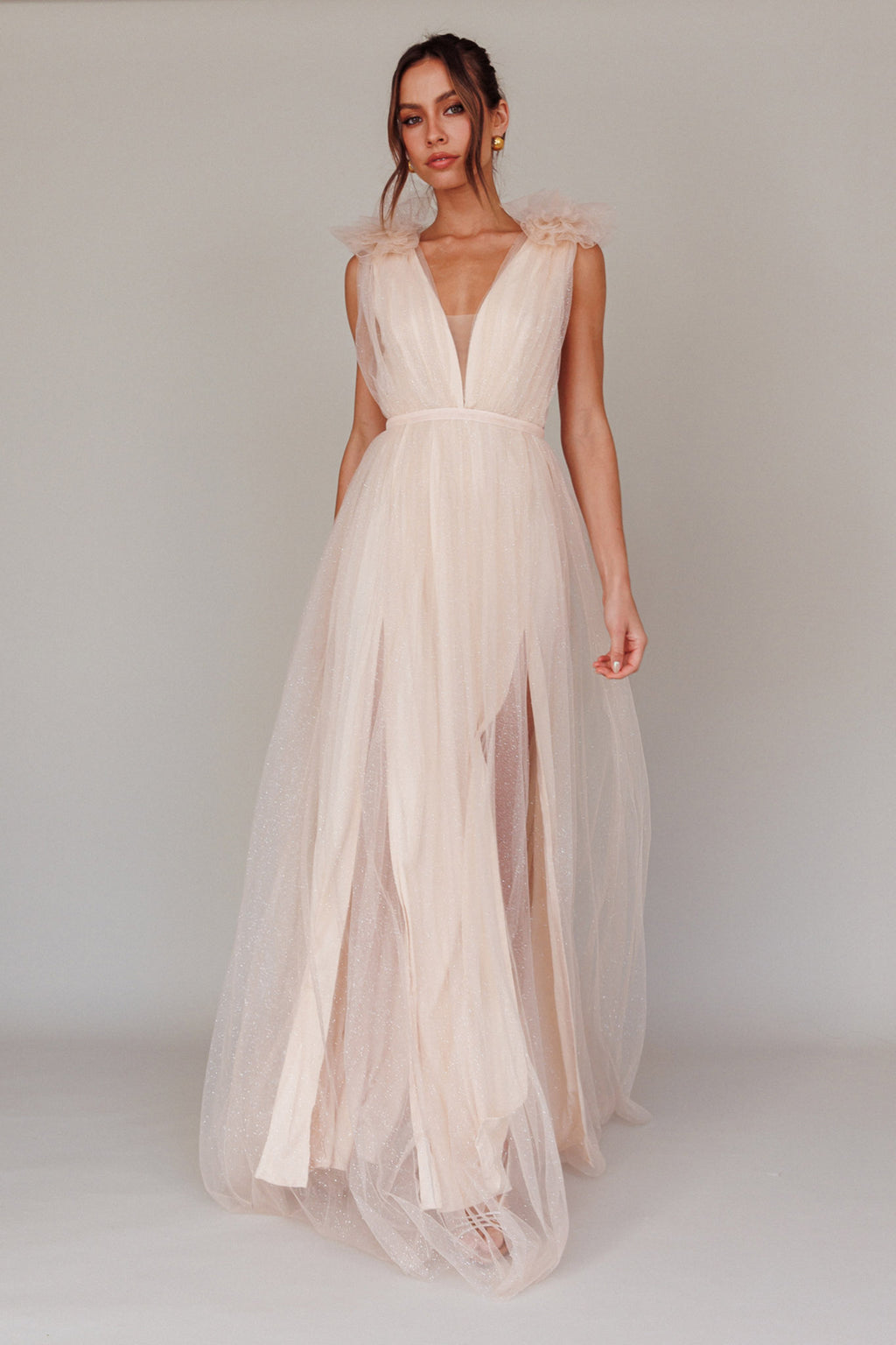 Ludivine Shoulder Accent Mesh Midi Dress Glitter Champagne by Selfie Leslie