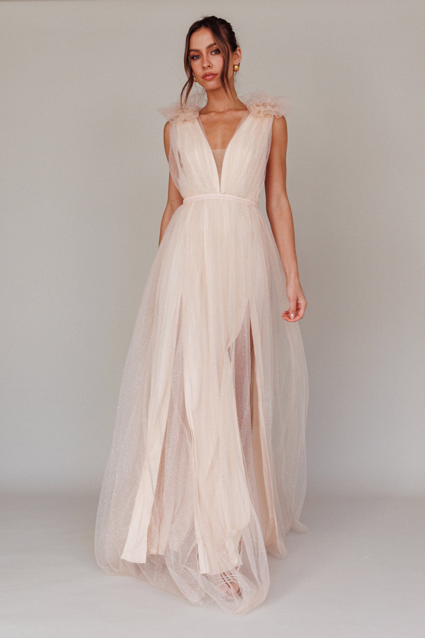 Ludivine Shoulder Accent Mesh Midi Dress Glitter Champagne by Selfie Leslie