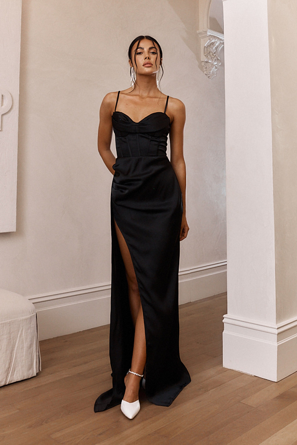 Secret Sweetheart Neckline Split Maxi Dress Black by Selfie Leslie