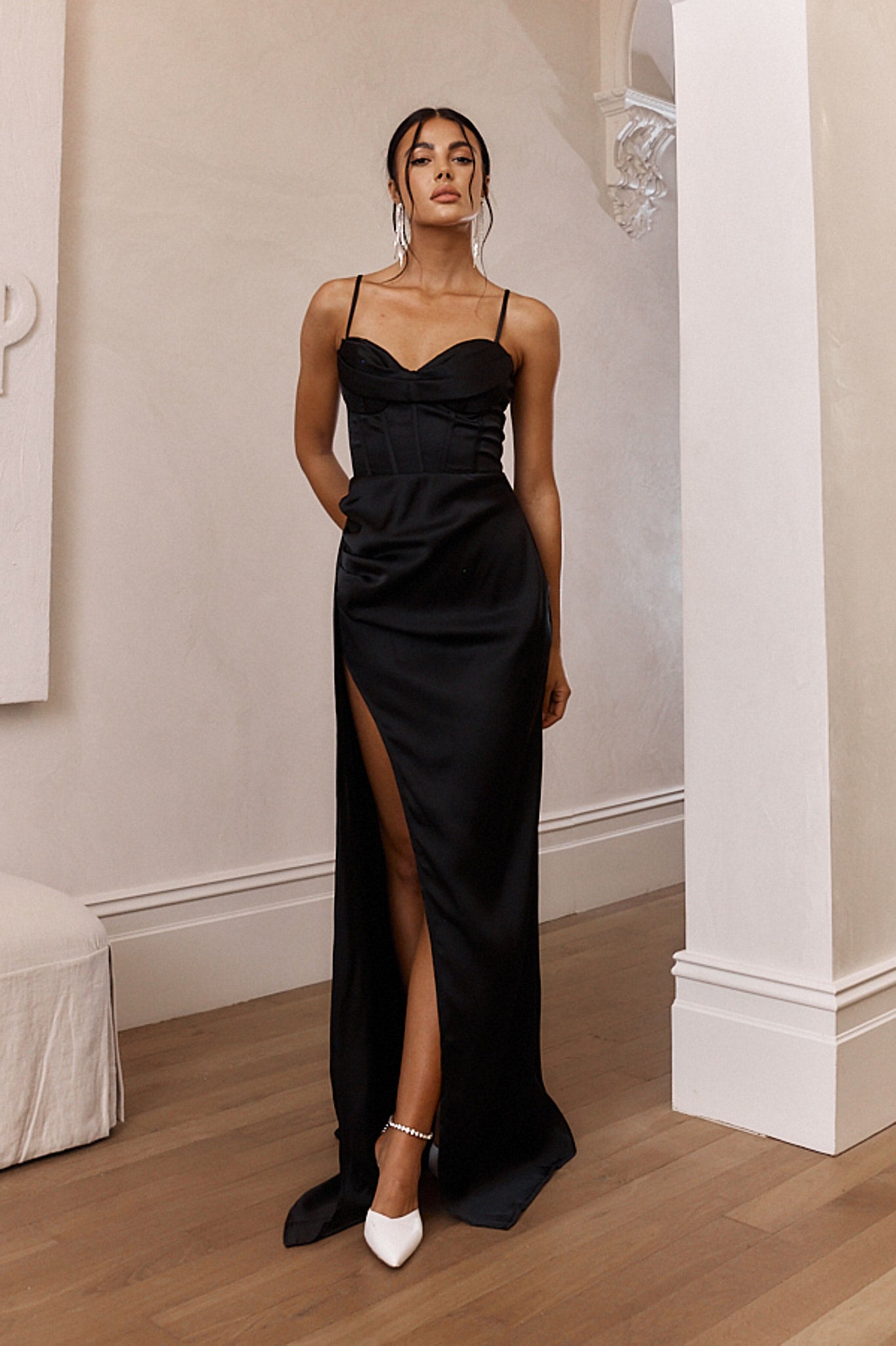 Secret Sweetheart Neckline Split Maxi Dress Black by Selfie Leslie