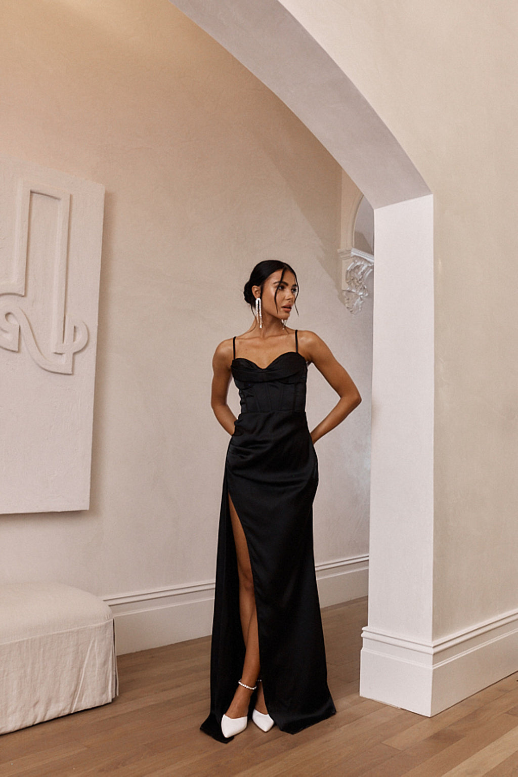 Secret Sweetheart Neckline Split Maxi Dress Black by Selfie Leslie