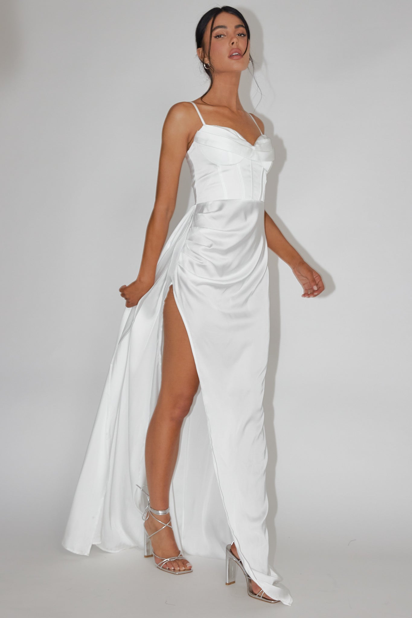 Secret Sweetheart Neckline Split Maxi Dress White by Selfie Leslie