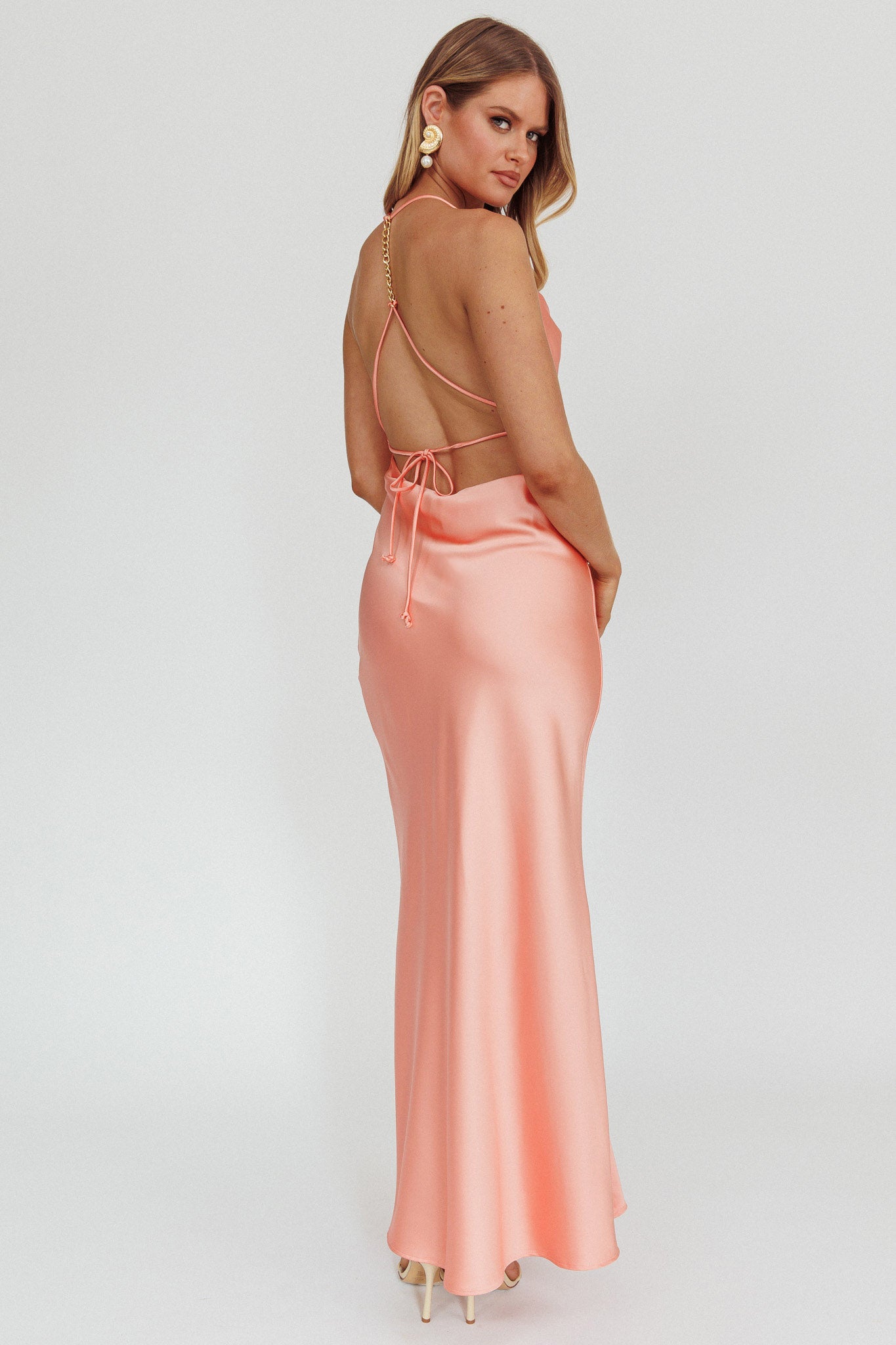 peach satin dress Palma Low Back Strappy Maxi Dress Peach