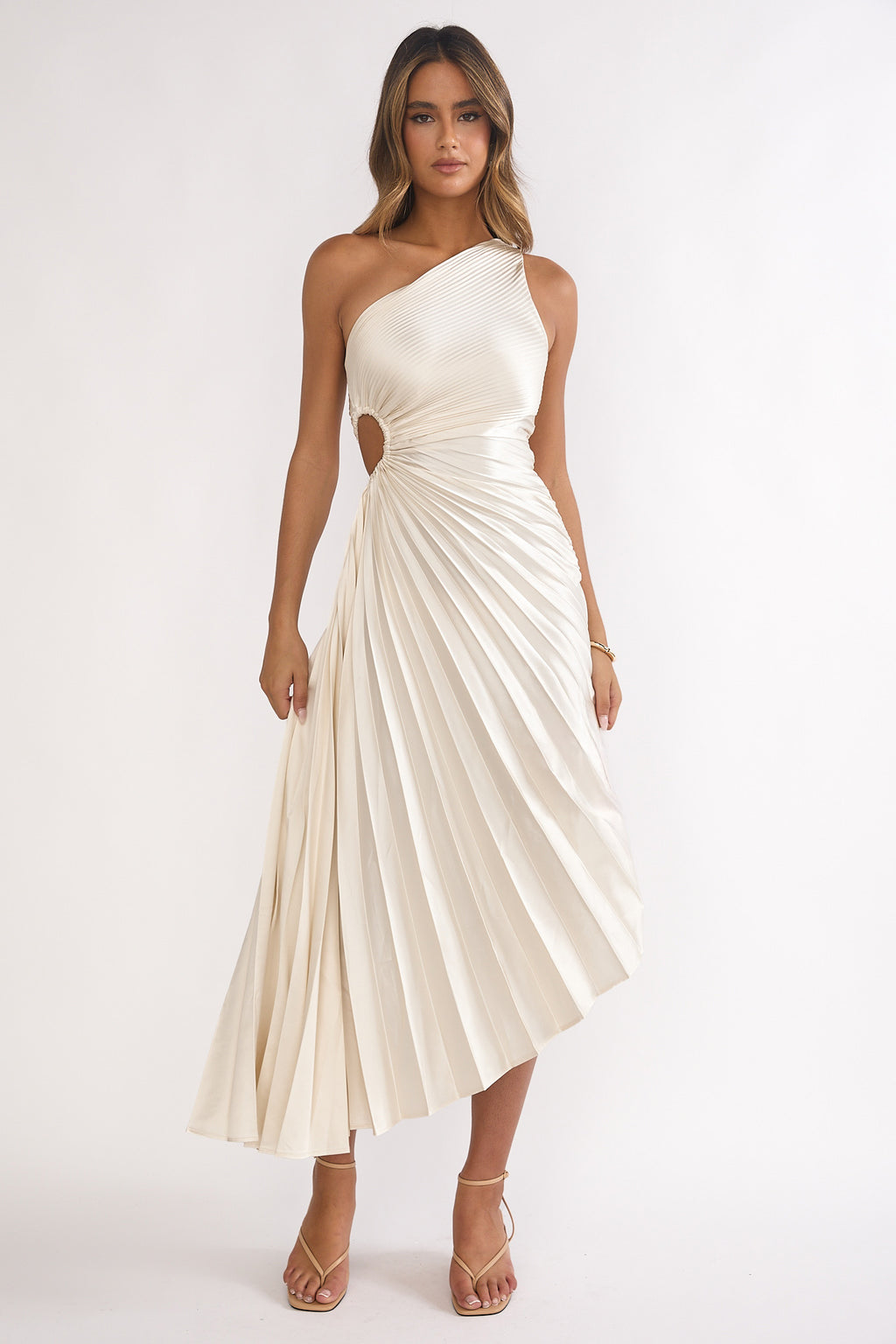 Brooklynn One-Shoulder Accordion Pleat Dress Champagne by Selfie Leslie