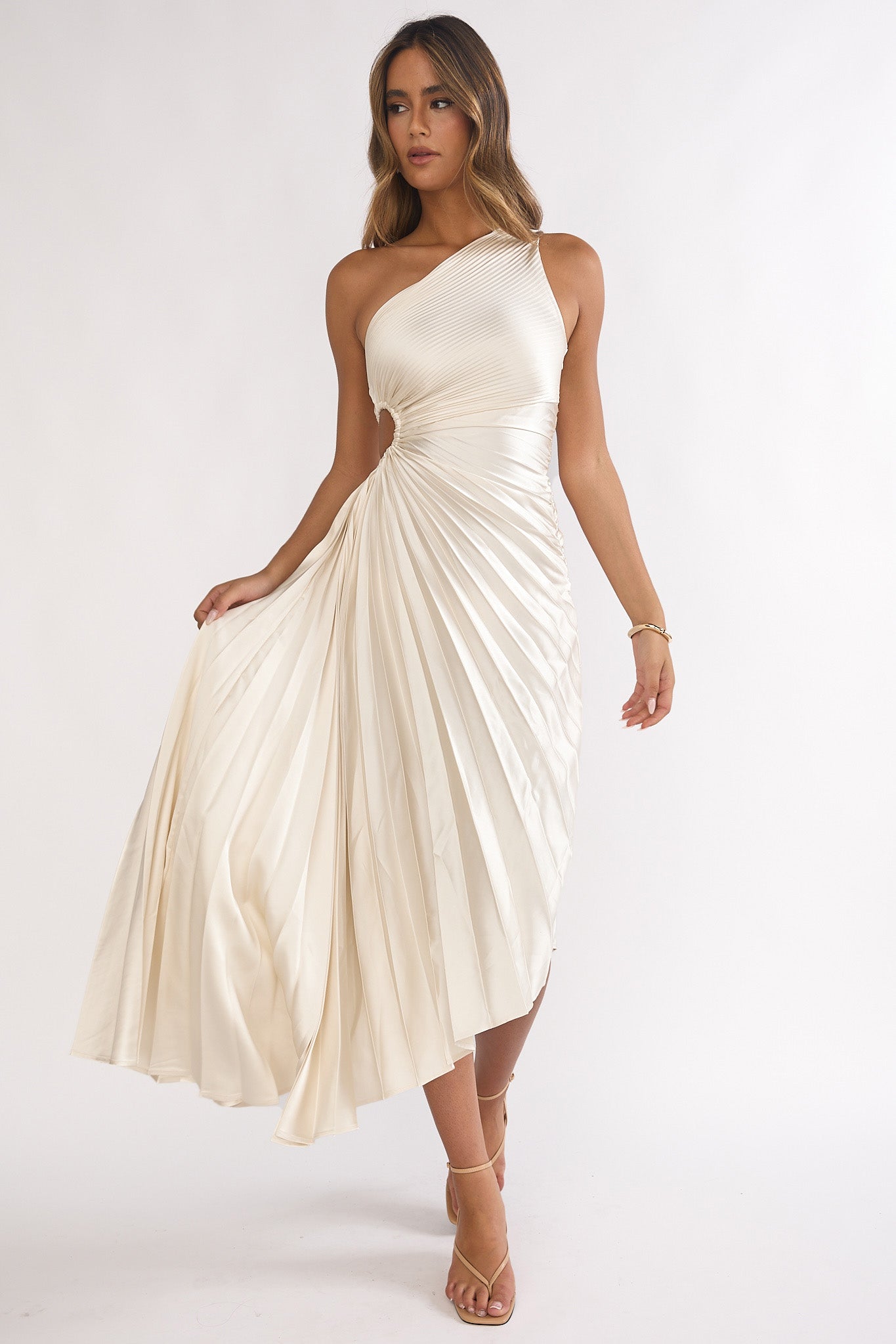 Shop the Brooklynn One-Shoulder Accordion Pleat Dress Champagne