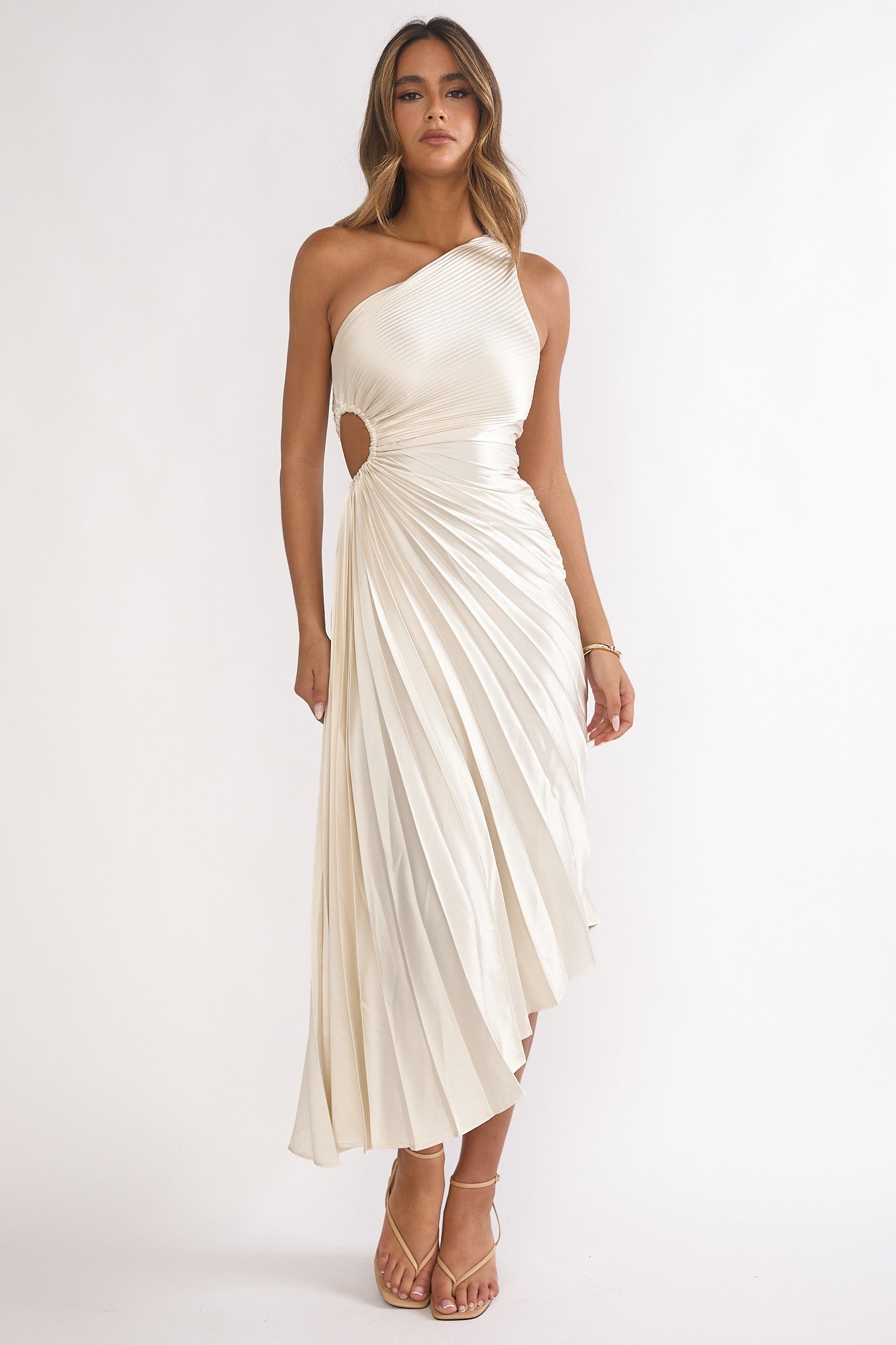 Brooklynn One-Shoulder Accordion Pleat Dress Champagne– Selfie Leslie