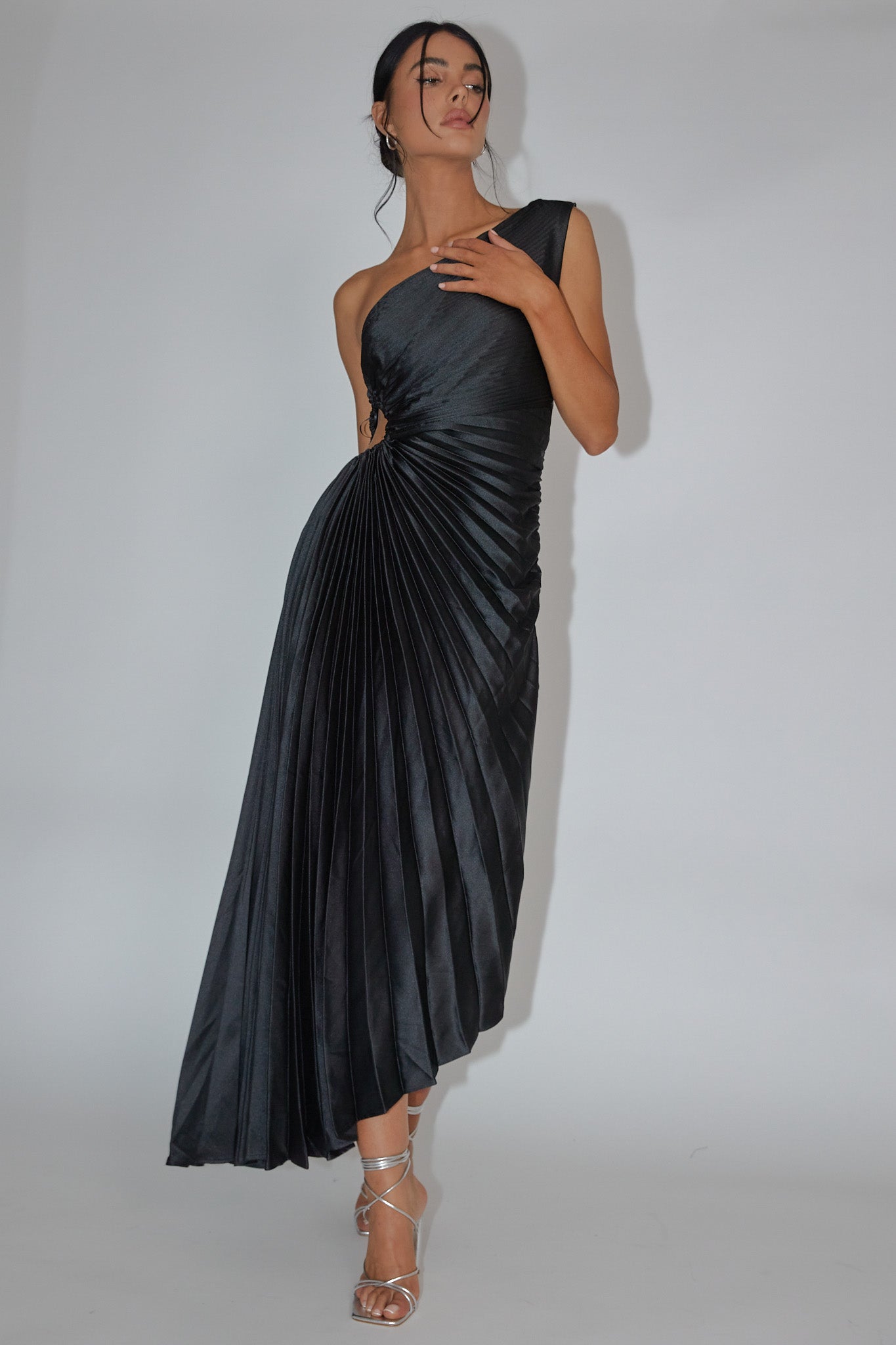 black pleated dress Kenneth Cole 100% polyester chiffon shell with inner lining from the waist down for comfortable coverage Tanya Taylor | Carly Dress