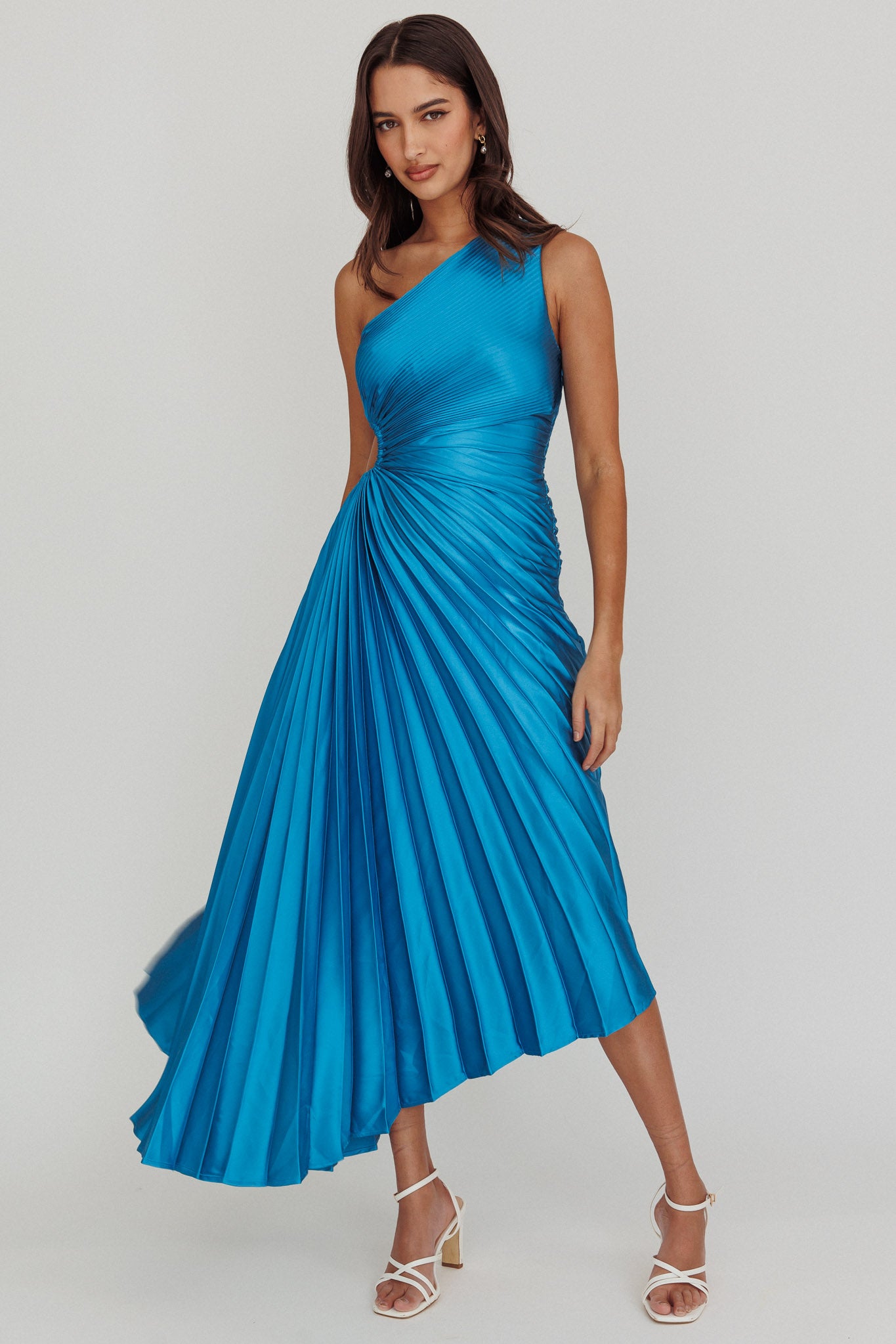 Brooklynn One-Shoulder Accordion Pleat Satin Midi Dress Teal L Brooklynn One-Shoulder Accordion Pleat Satin Midi Dress Teal L