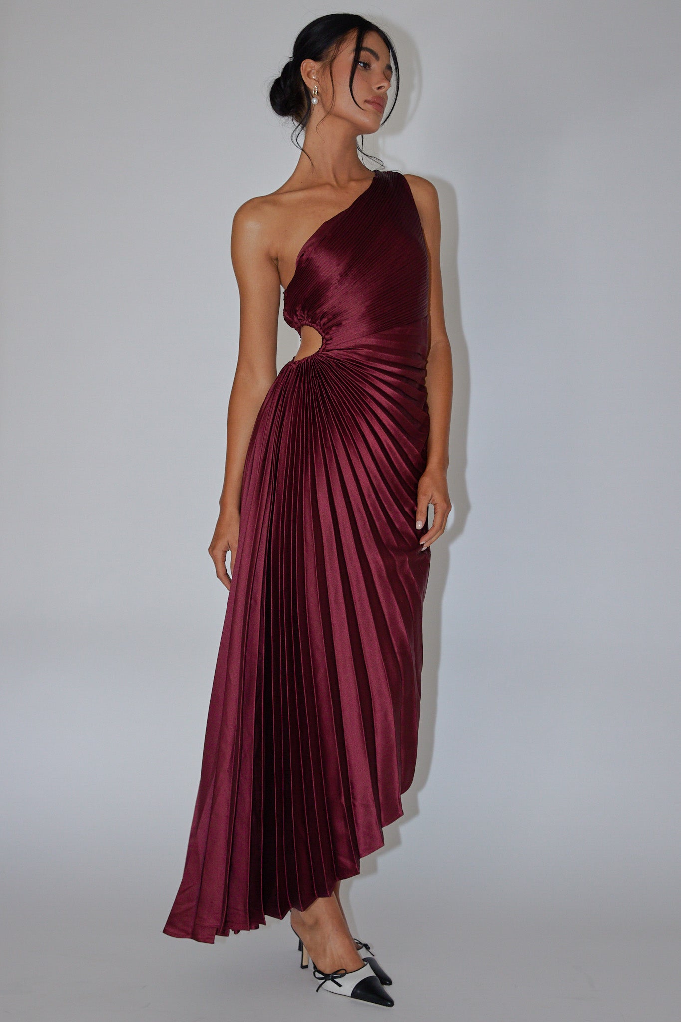 Brooklynn One-Shoulder Accordion Pleat Dress Wine L