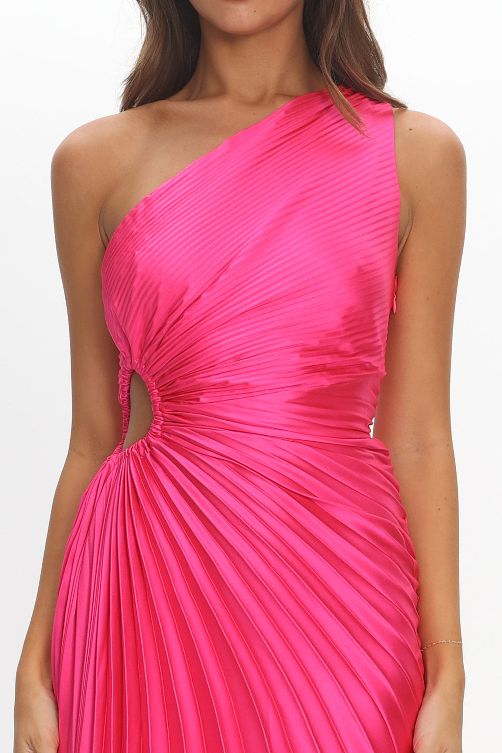 Brooklynn One-Shoulder Accordion Pleat Satin Midi Dress Fuchsia