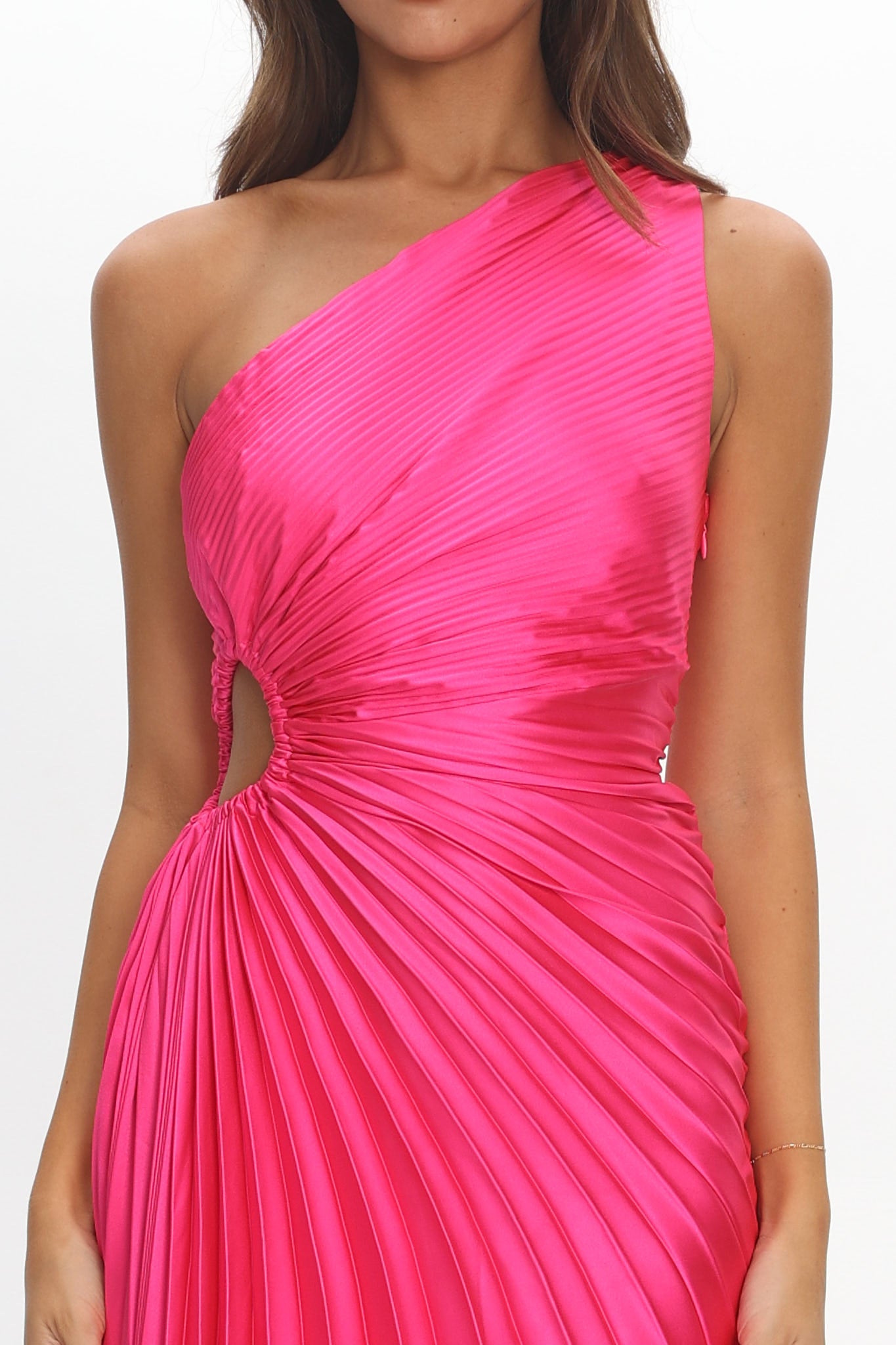 Brooklynn One-Shoulder Accordion Pleat Satin Midi Dress Fuchsia