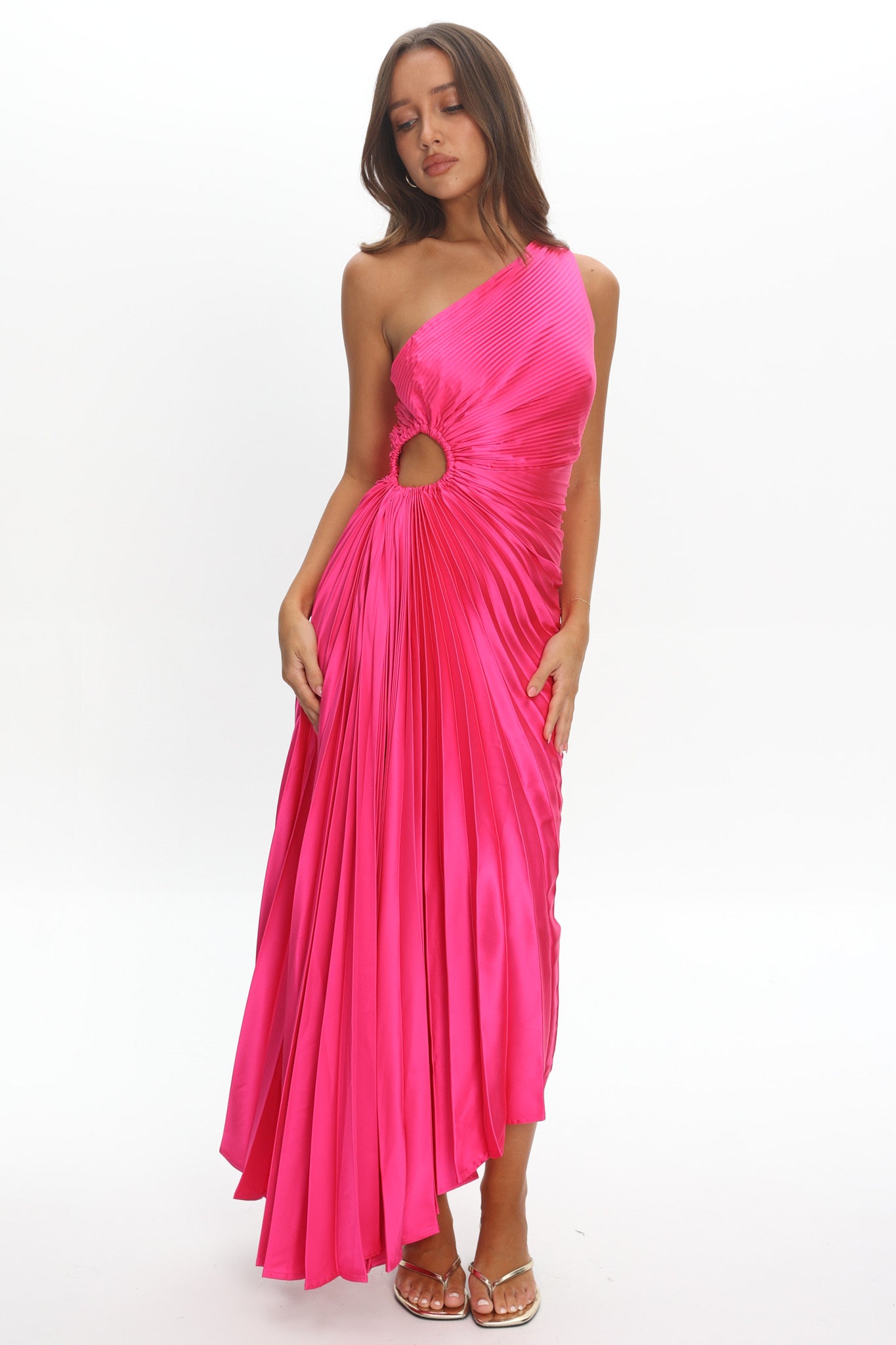 Brooklynn One-Shoulder Accordion Pleat Satin Midi Dress Fuchsia