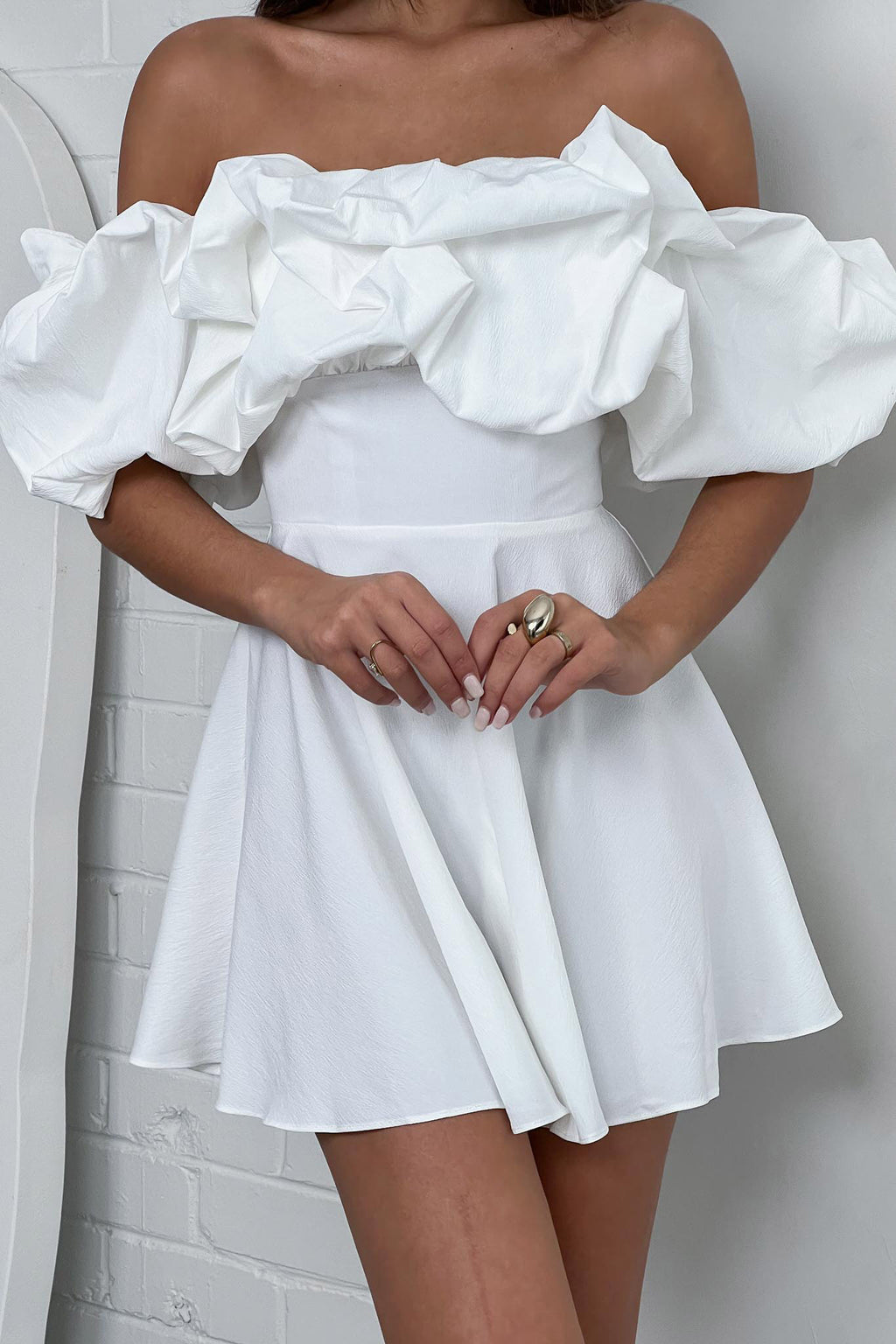 Kailynn Off-Shoulder A-Line Mini Dress White by Selfie Leslie