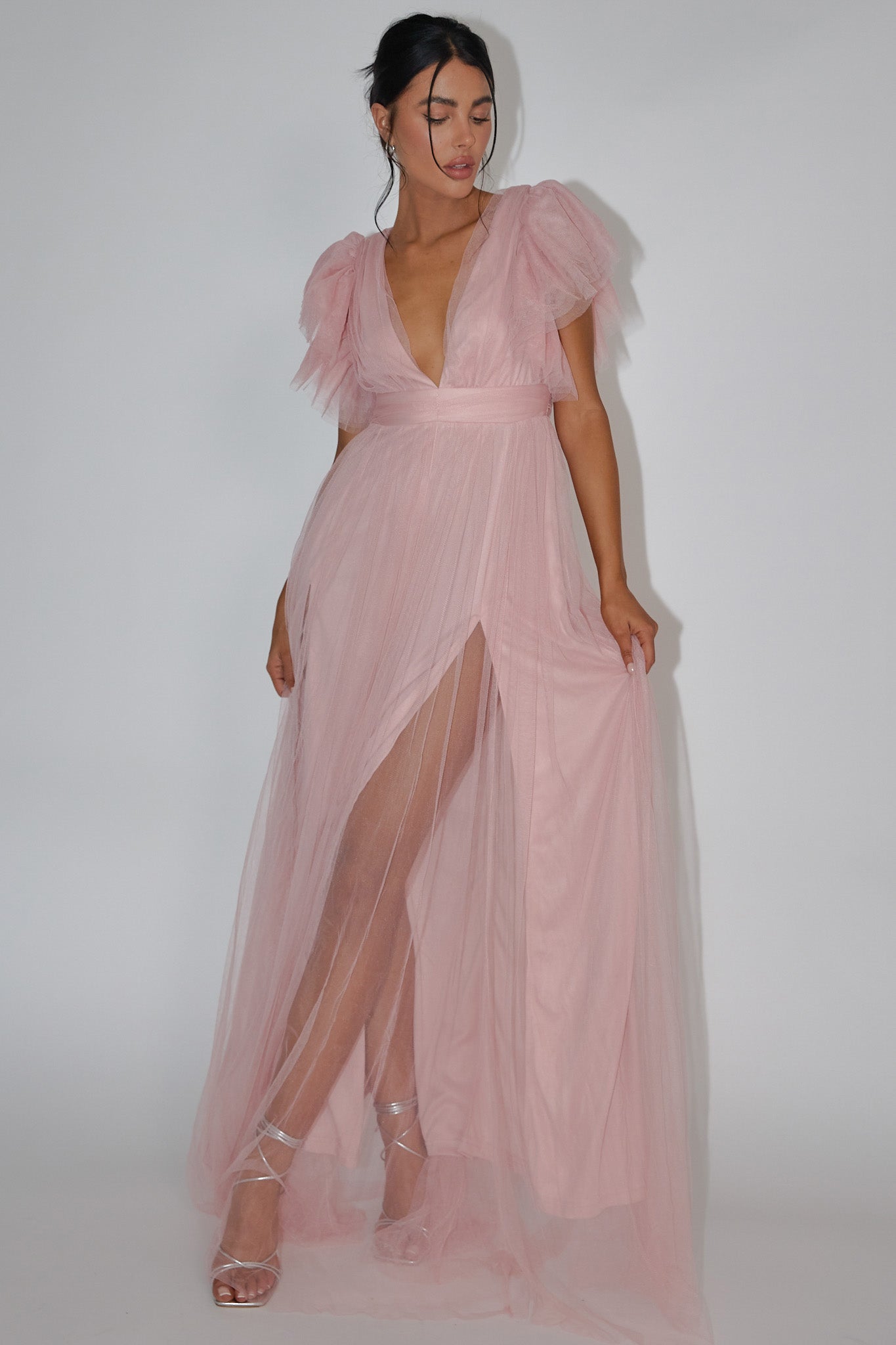 Heaven's Love Deep V-Neck Tulle Maxi Dress Blush by Selfie Leslie