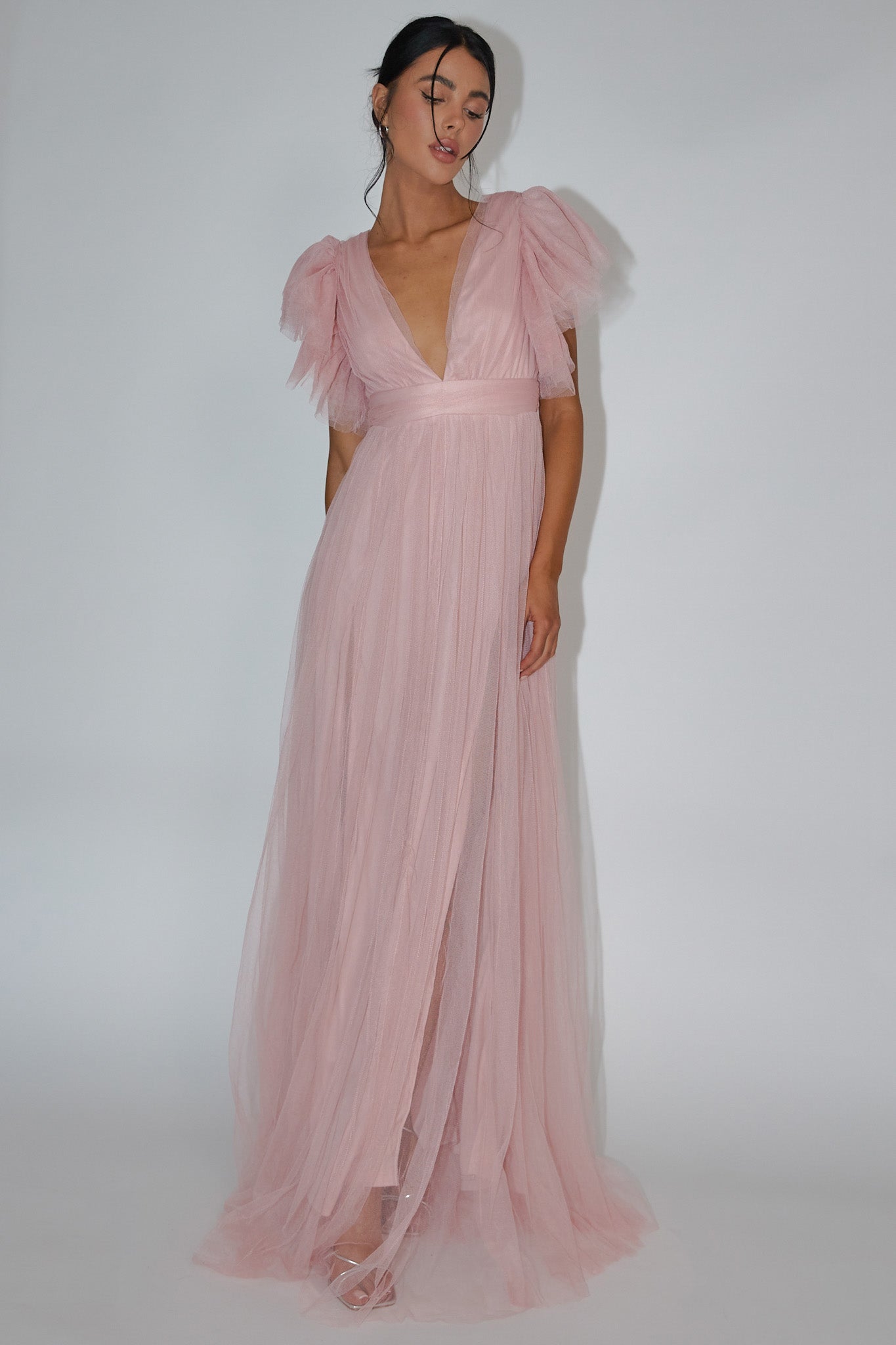 Heaven's Love Deep V-Neck Tulle Maxi Dress Blush by Selfie Leslie
