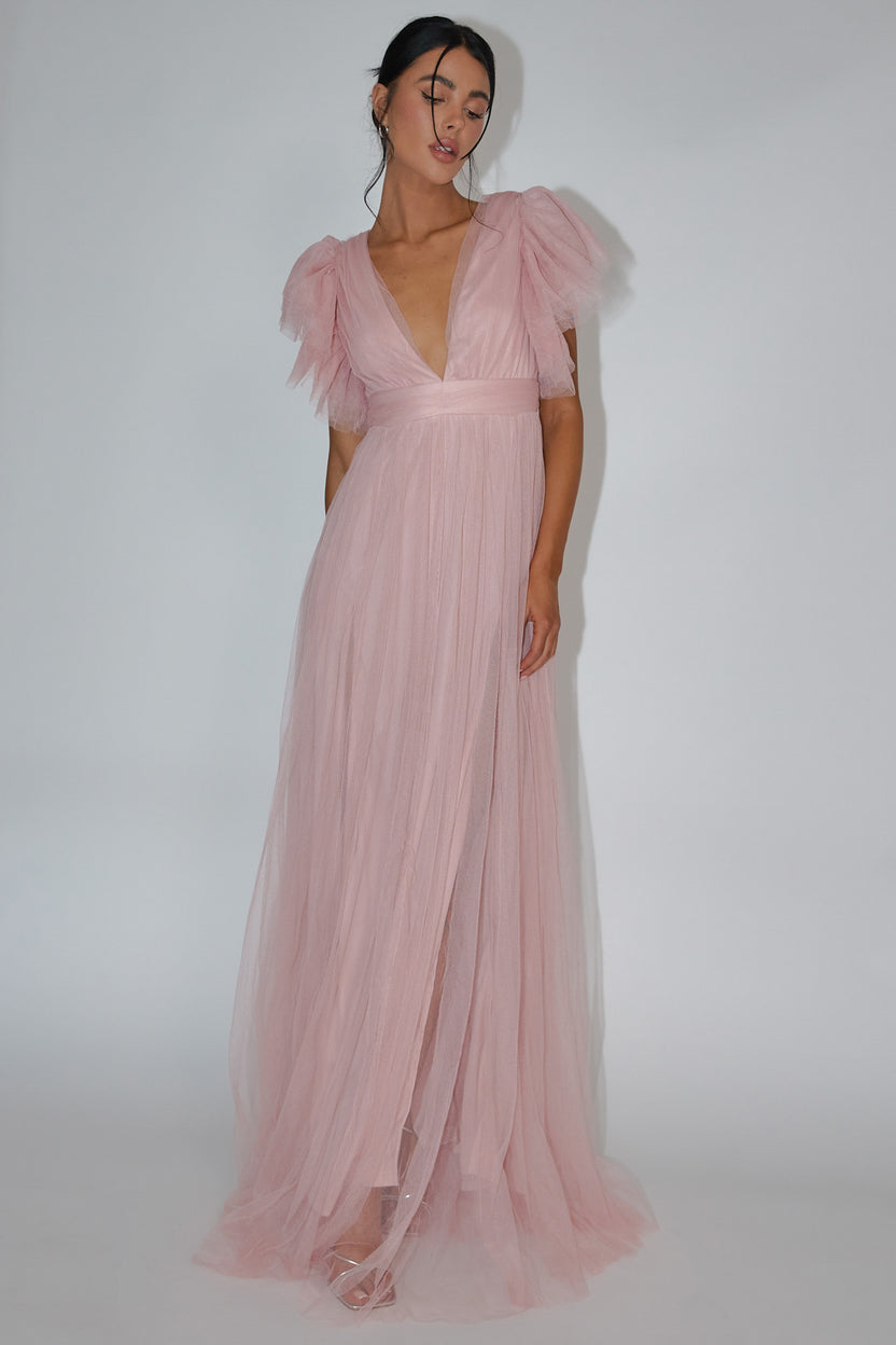 Stone Print V-Neck Tulle Maxi Dress with Lining