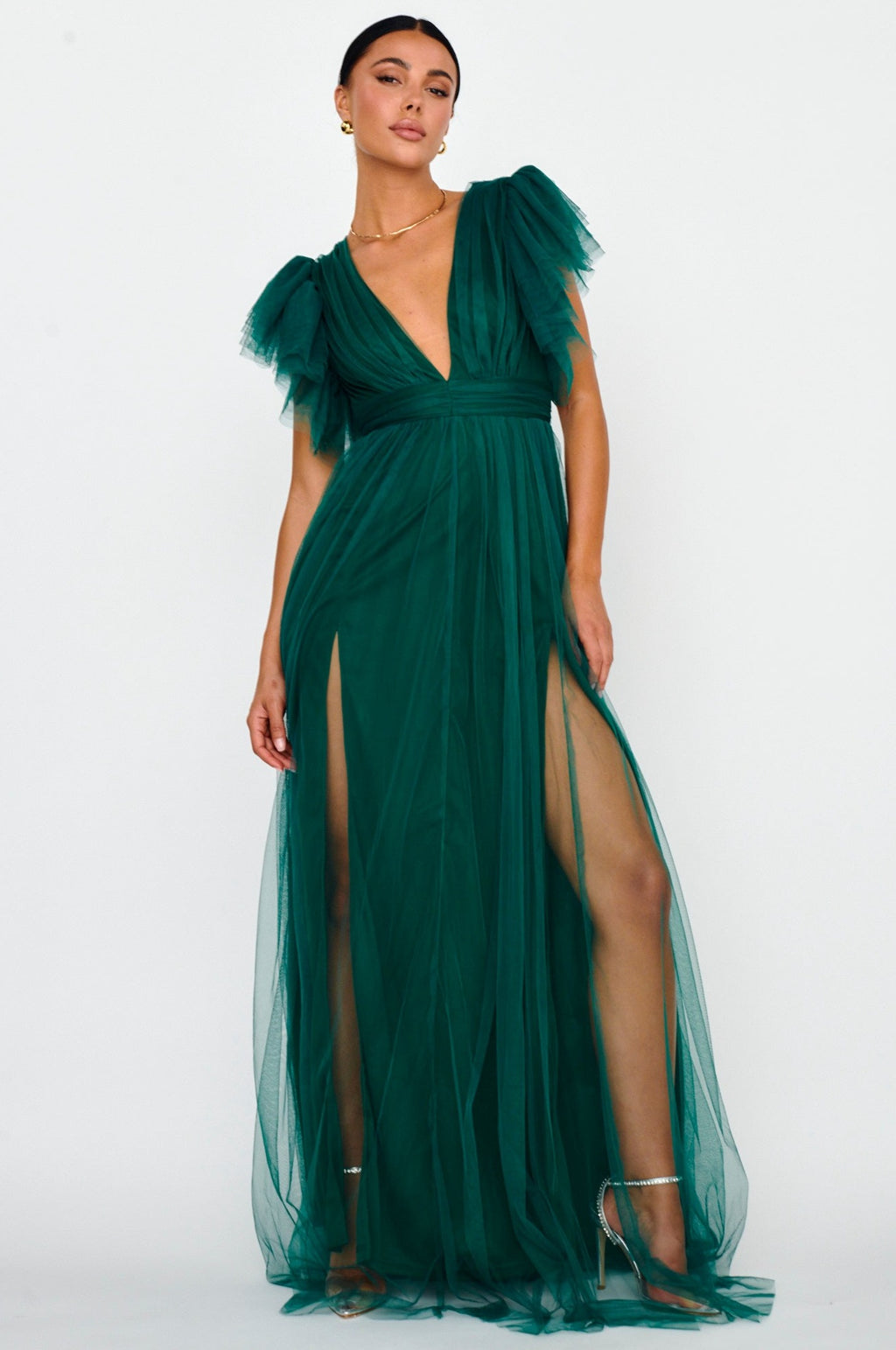 Heaven's Love Deep V-Neck Tulle Maxi Dress Hunter Green Selfie Leslie Heaven's Love Deep V-Neck Tulle Maxi Dress Hunter Green Selfie Leslie
