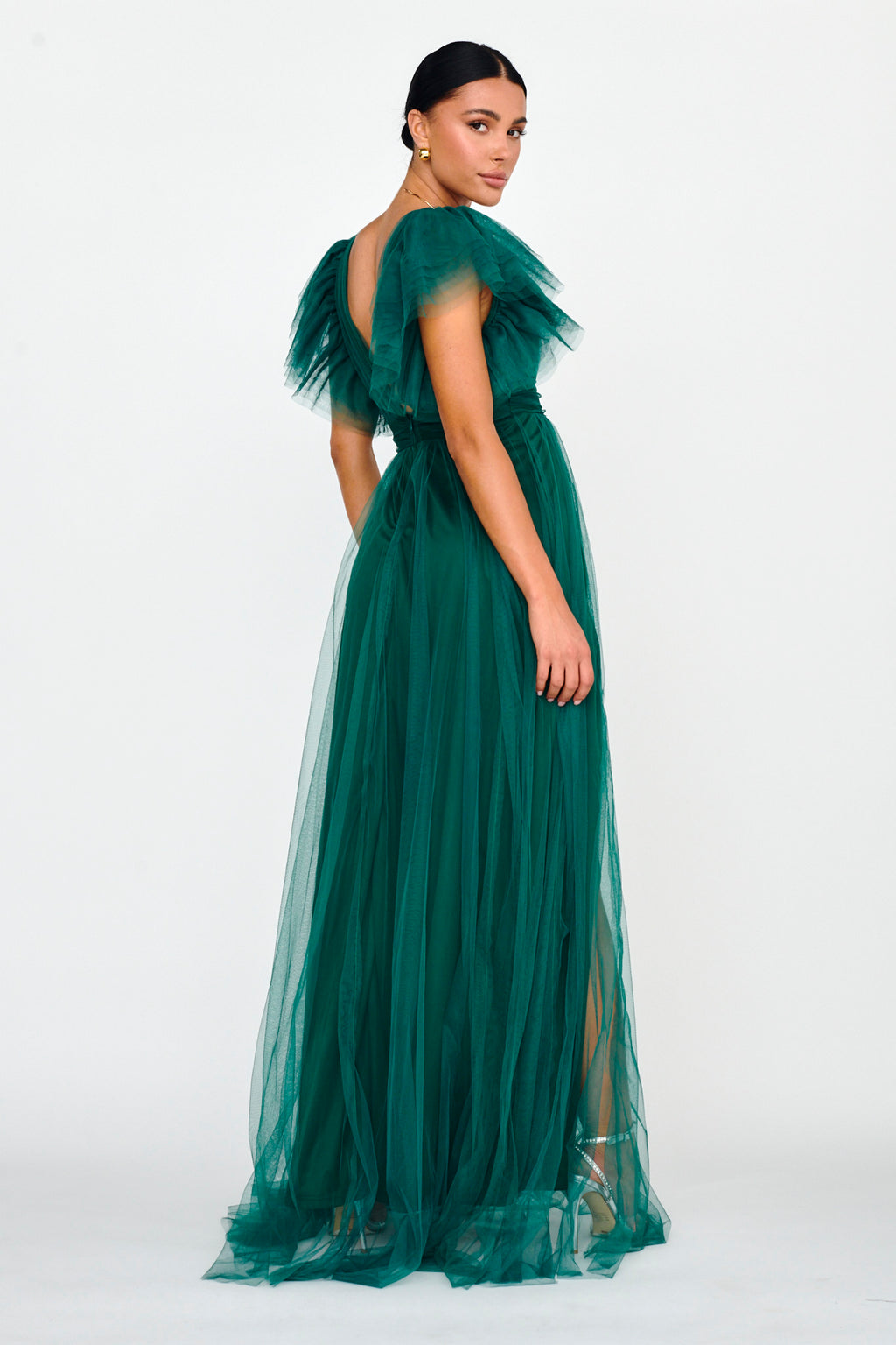 Heaven's Love Deep V-Neck Tulle Maxi Dress Hunter Green by Selfie Leslie